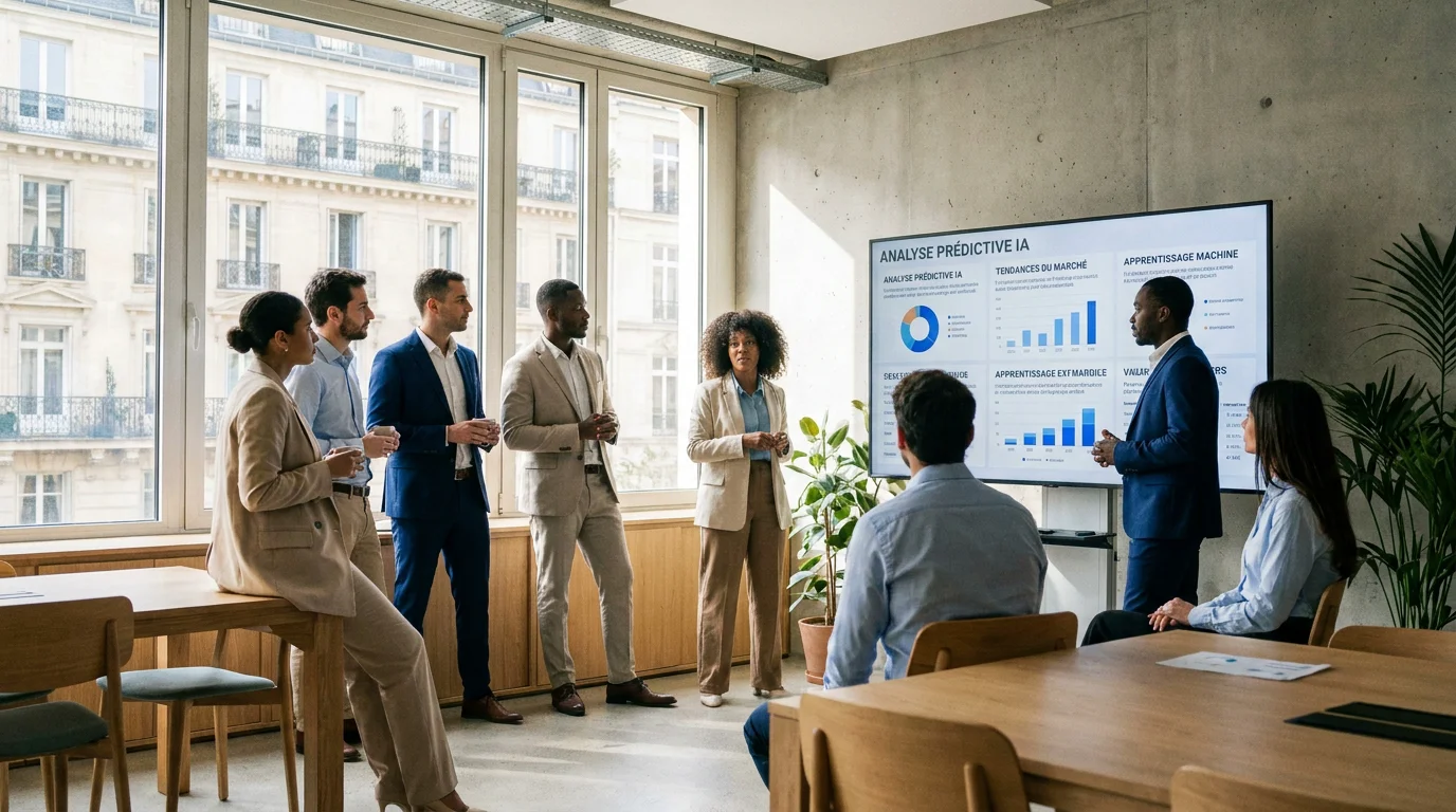 Équipe de PME analysant des données IA sur un écran dans un bureau moderne