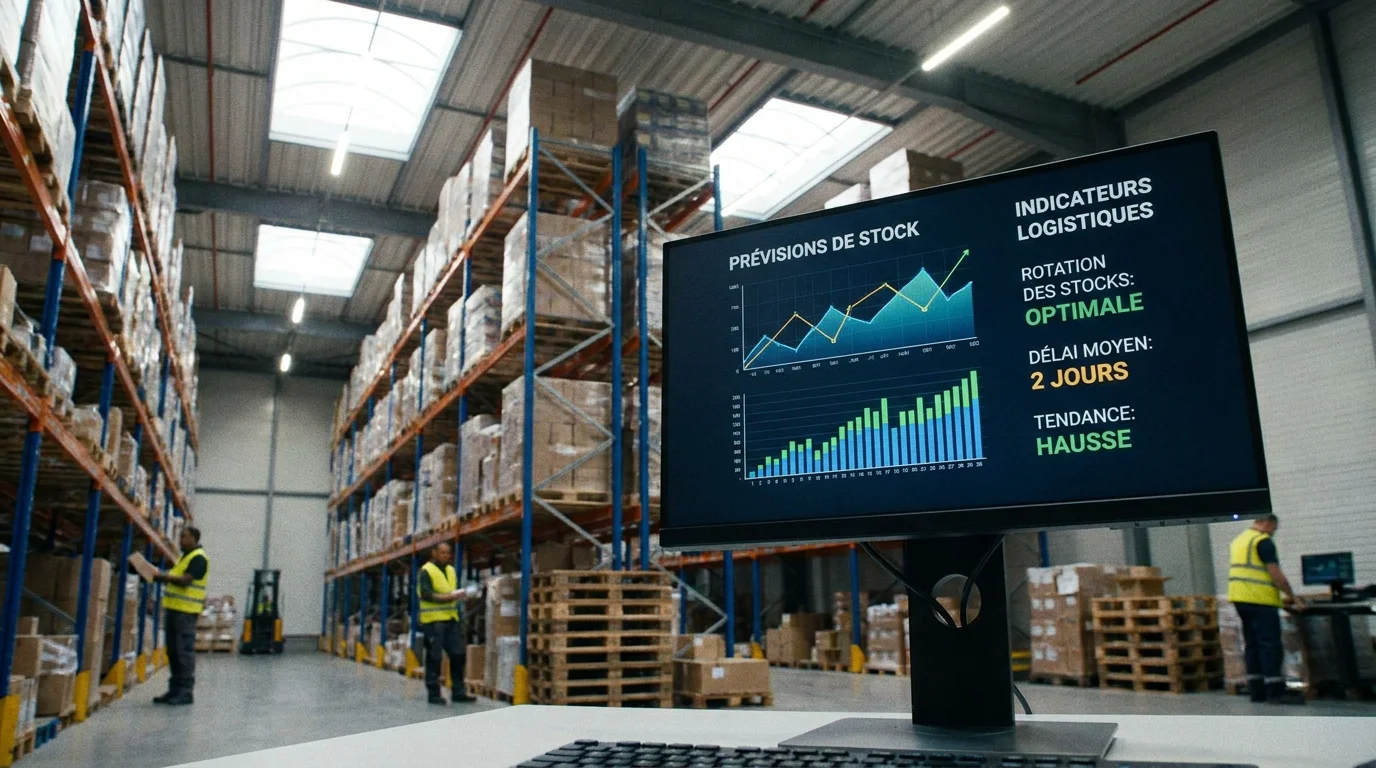 Écran de prévision de stock IA dans un entrepôt de PME française