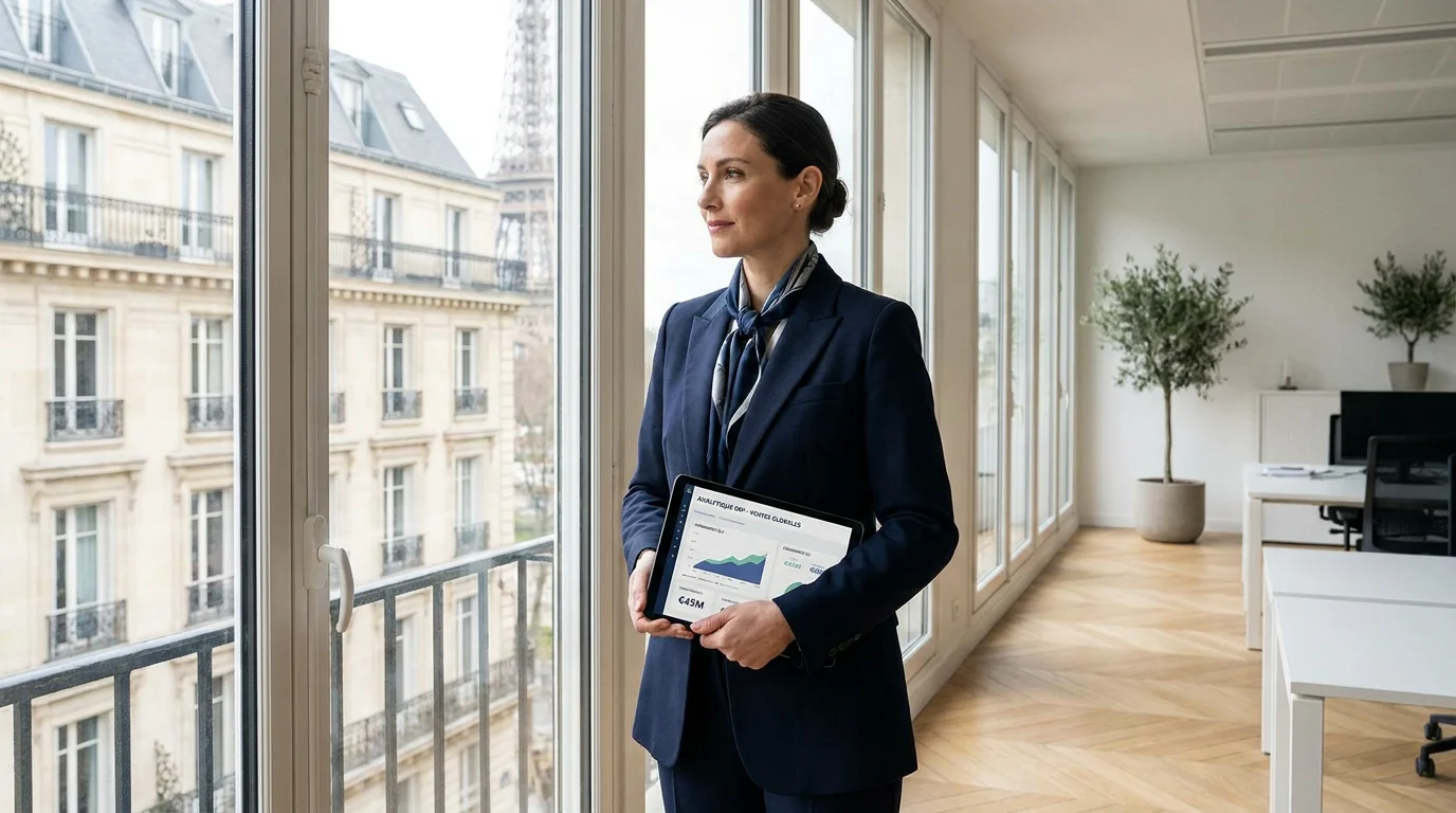 Consultant ERP dans un bureau moderne à Paris analysant des données sur tablette