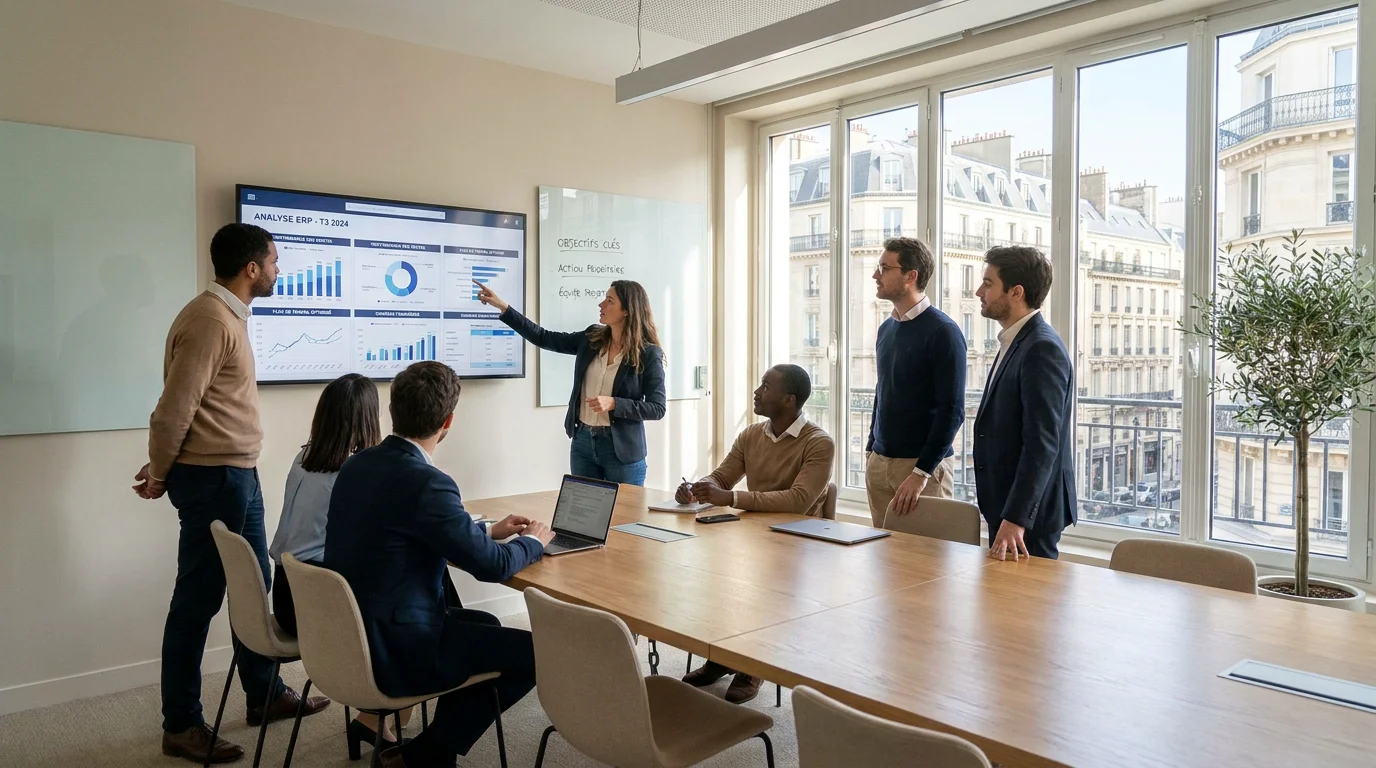 Équipe de consultants analysant un tableau de bord ERP en salle de réunion