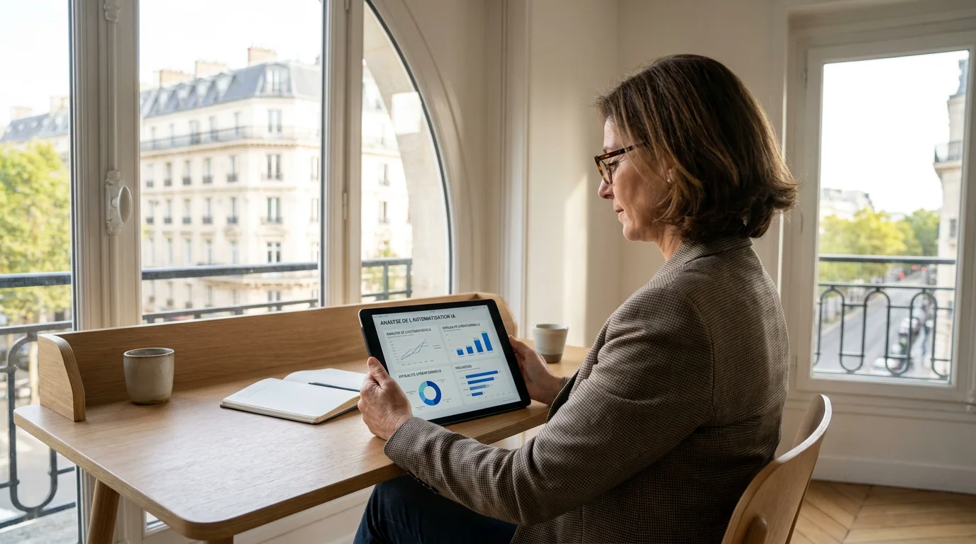 Dirigeant français consultant des indicateurs d'automatisation IA sur une tablette dans un bureau moderne