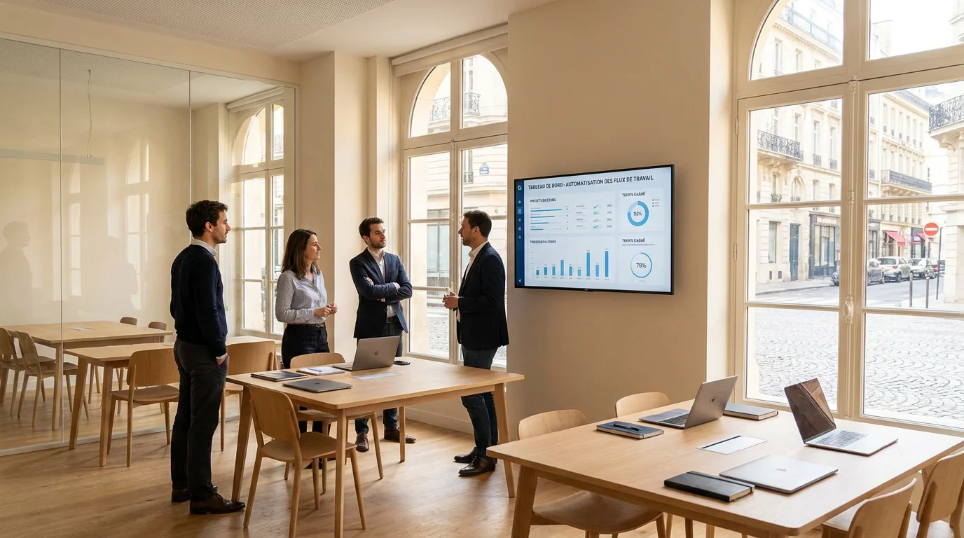Équipe professionnelle collaborant sur un tableau de bord d'automatisation IA dans un bureau moderne en France