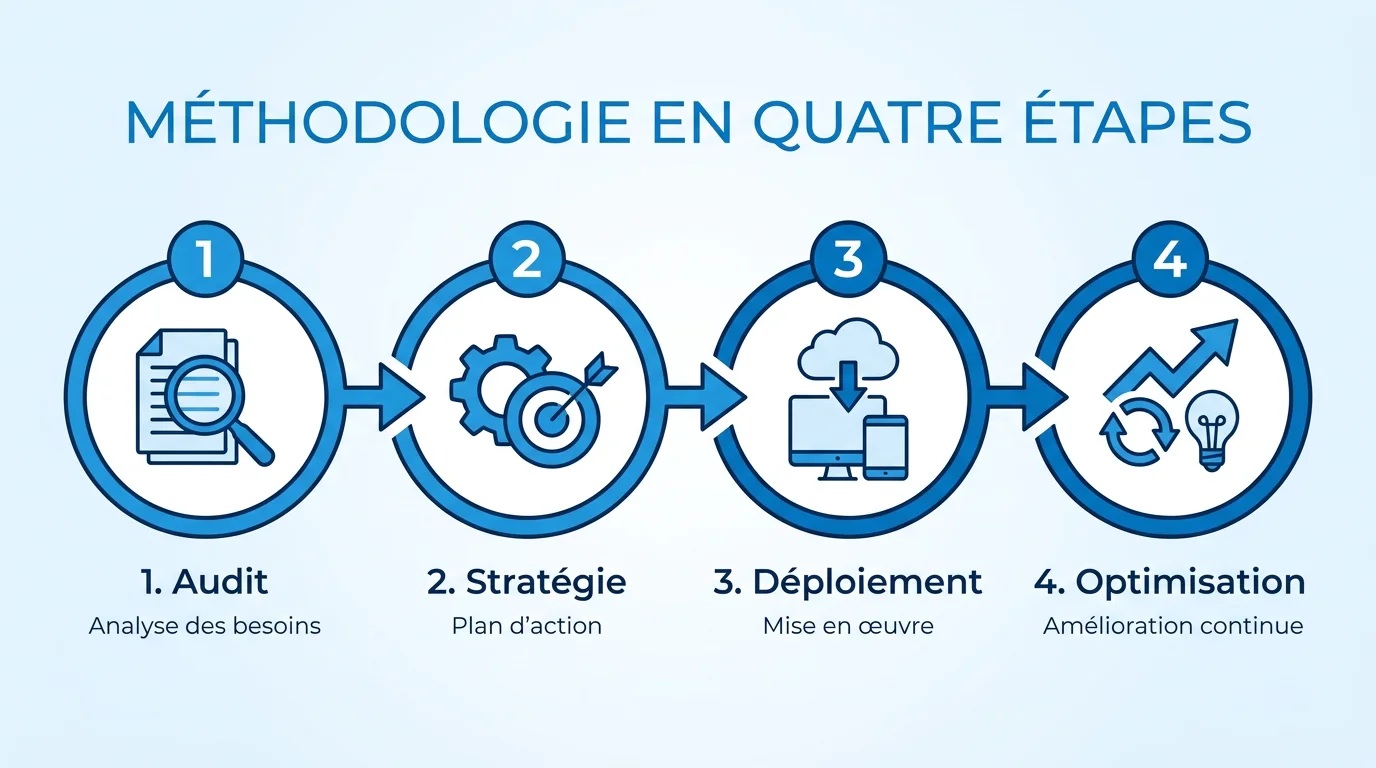 Infographie des quatre étapes d'un accompagnement en automatisation IA : audit, stratégie, déploiement, optimisation