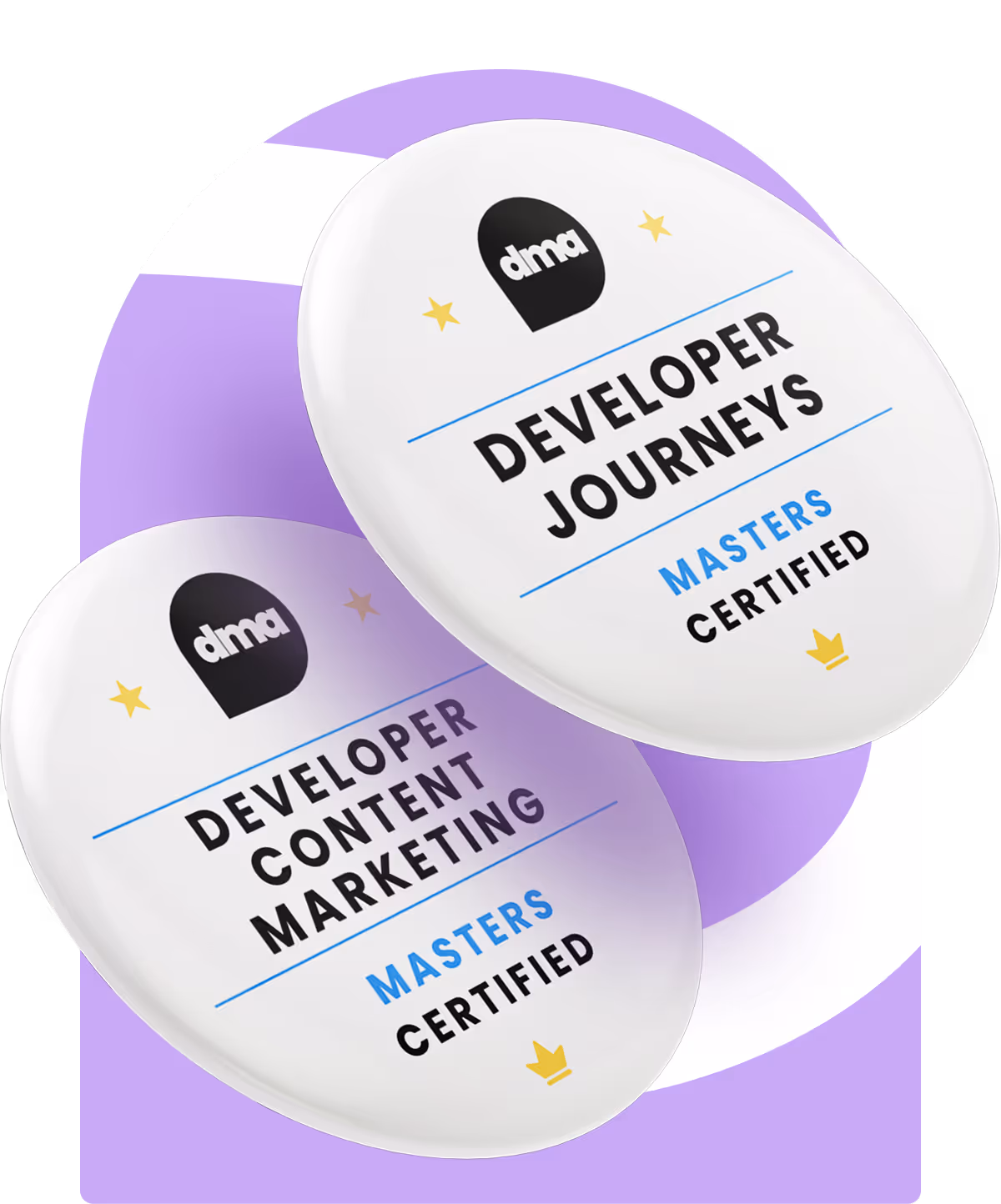 Two badges representing DevRel courses