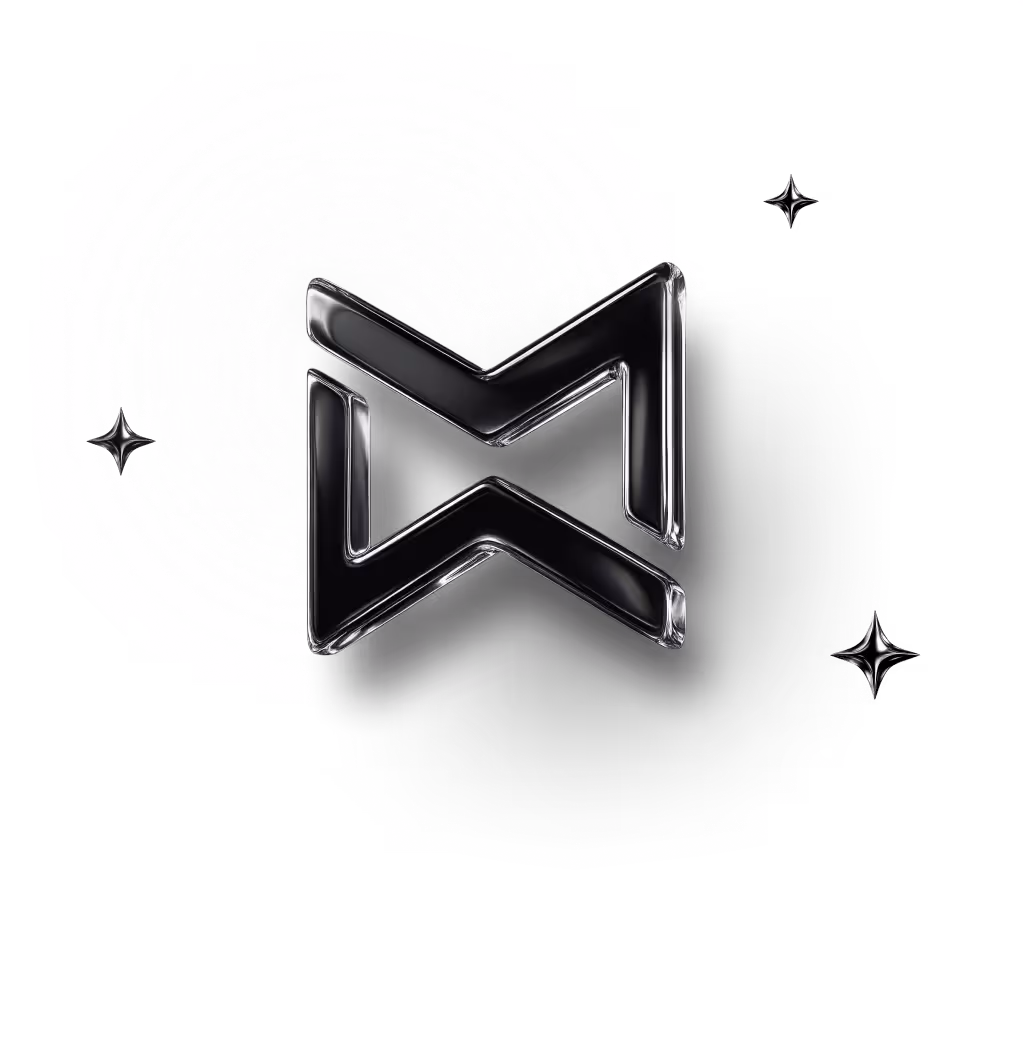 Glass-textured Meama logo with subtle star-like reflections