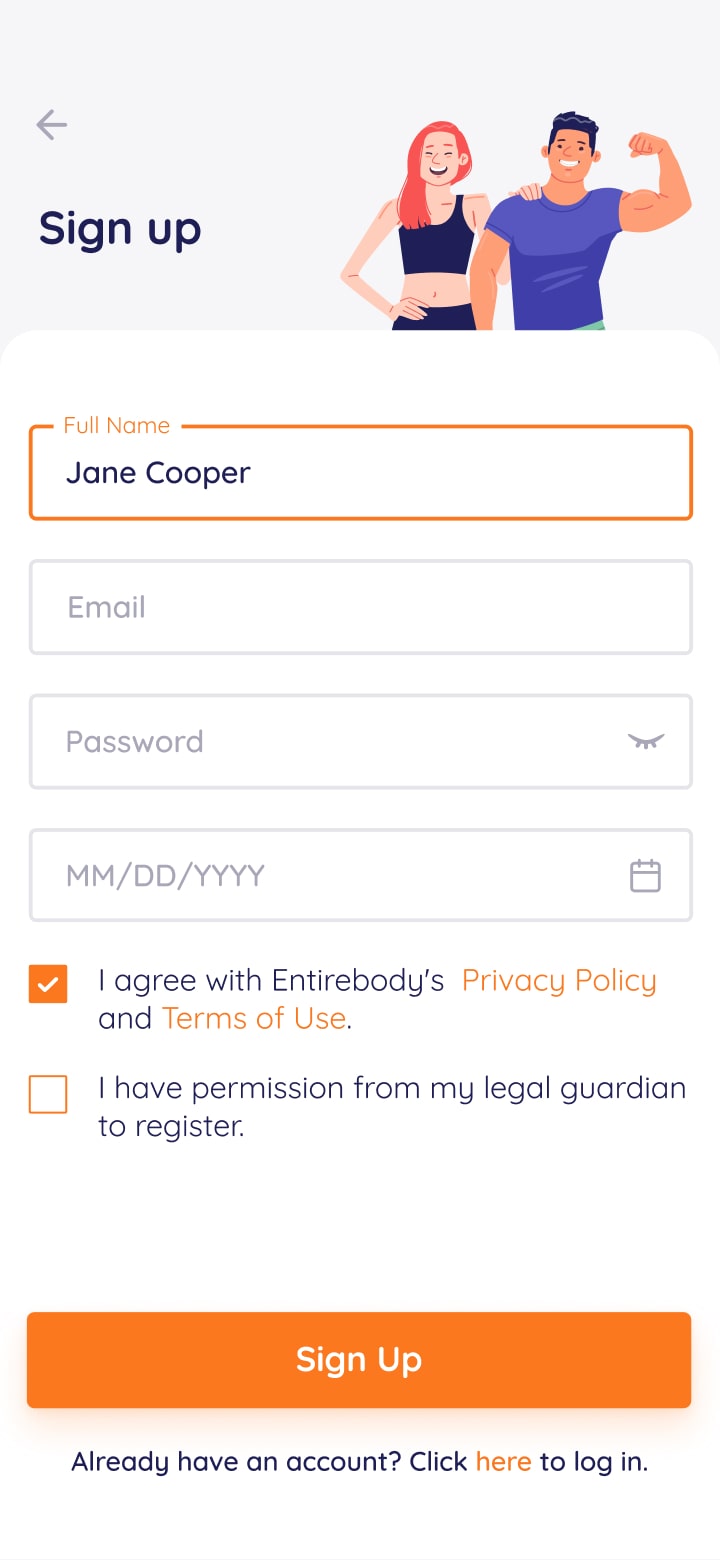 Entirebody mobile app screenshot signup