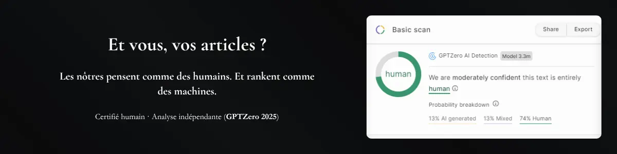 Badge de certification humaine LÜM - Preuve de rédaction non générée 100% IA, validée par analyse GPTZero (74 % Human Content).