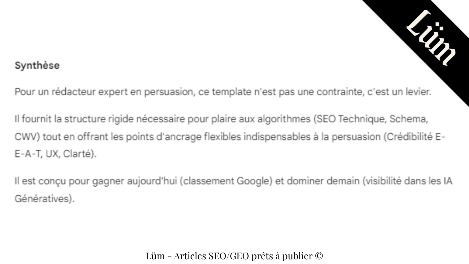 Résumé des bénéfices LÜM : structure SEO technique, Schema et Core Web Vitals, plus ancrages de persuasion pour renforcer crédibilité et E-E-A-T.