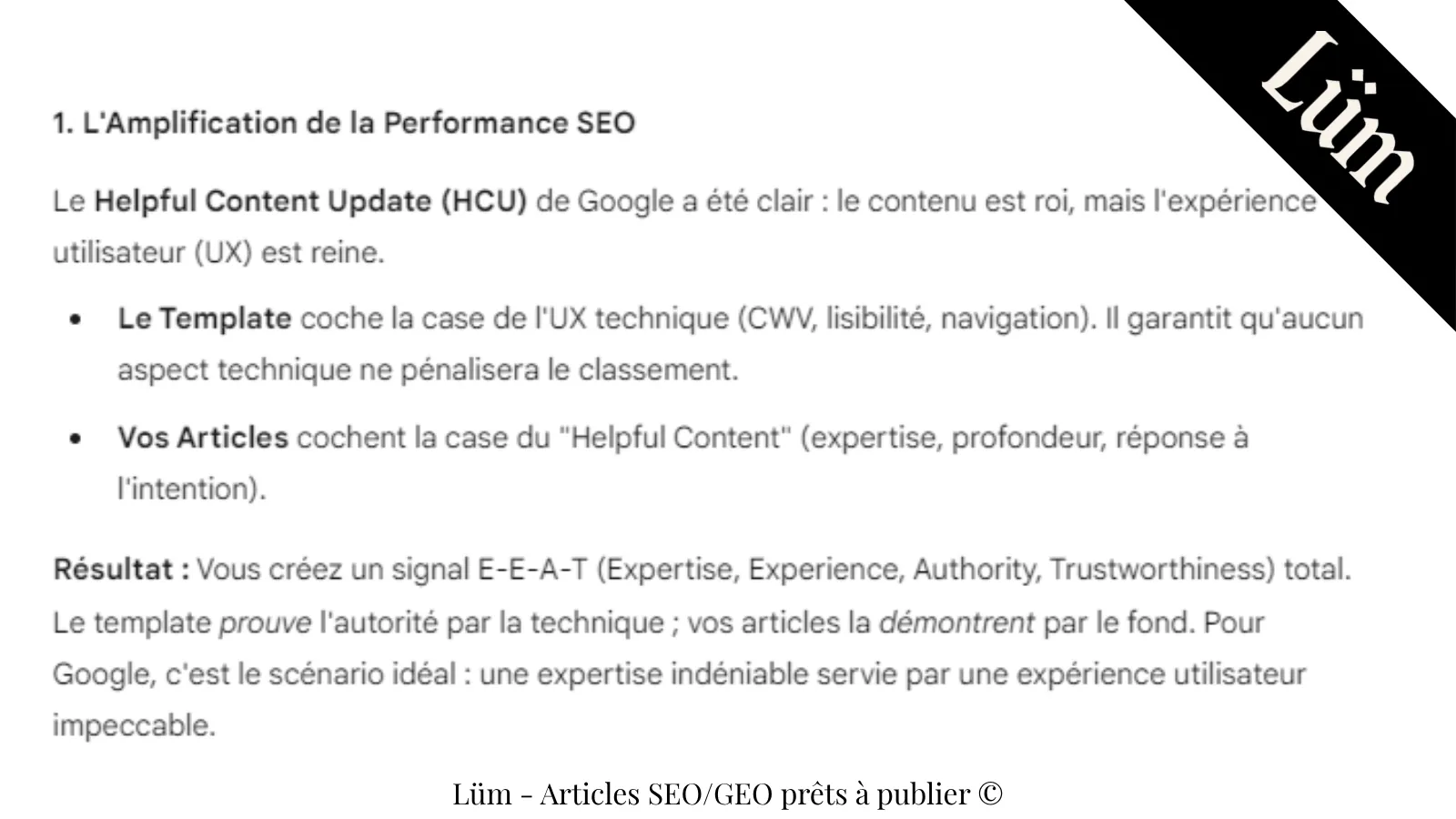 Texte décrivant comment le template LÜM optimise UX, Core Web Vitals et Helpful Content pour éviter les freins techniques et améliorer le classement.