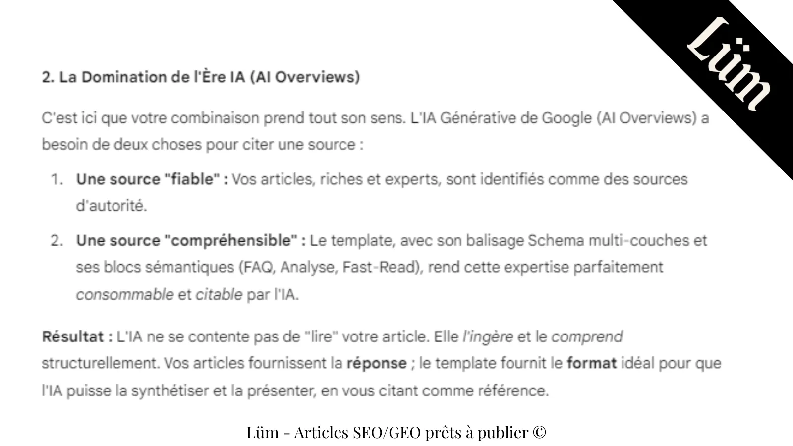 Extrait montrant pourquoi les contenus LÜM sont citables par l’IA grâce au balisage Schema multi-couches et aux blocs sémantiques (FAQ, Analyse, Fast-Read).