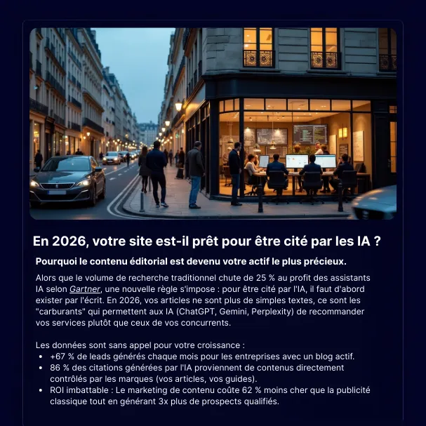 Professionnels en entreprise travaillant sur la création d’articles SEO et de contenus éditoriaux – illustration pour LÜM