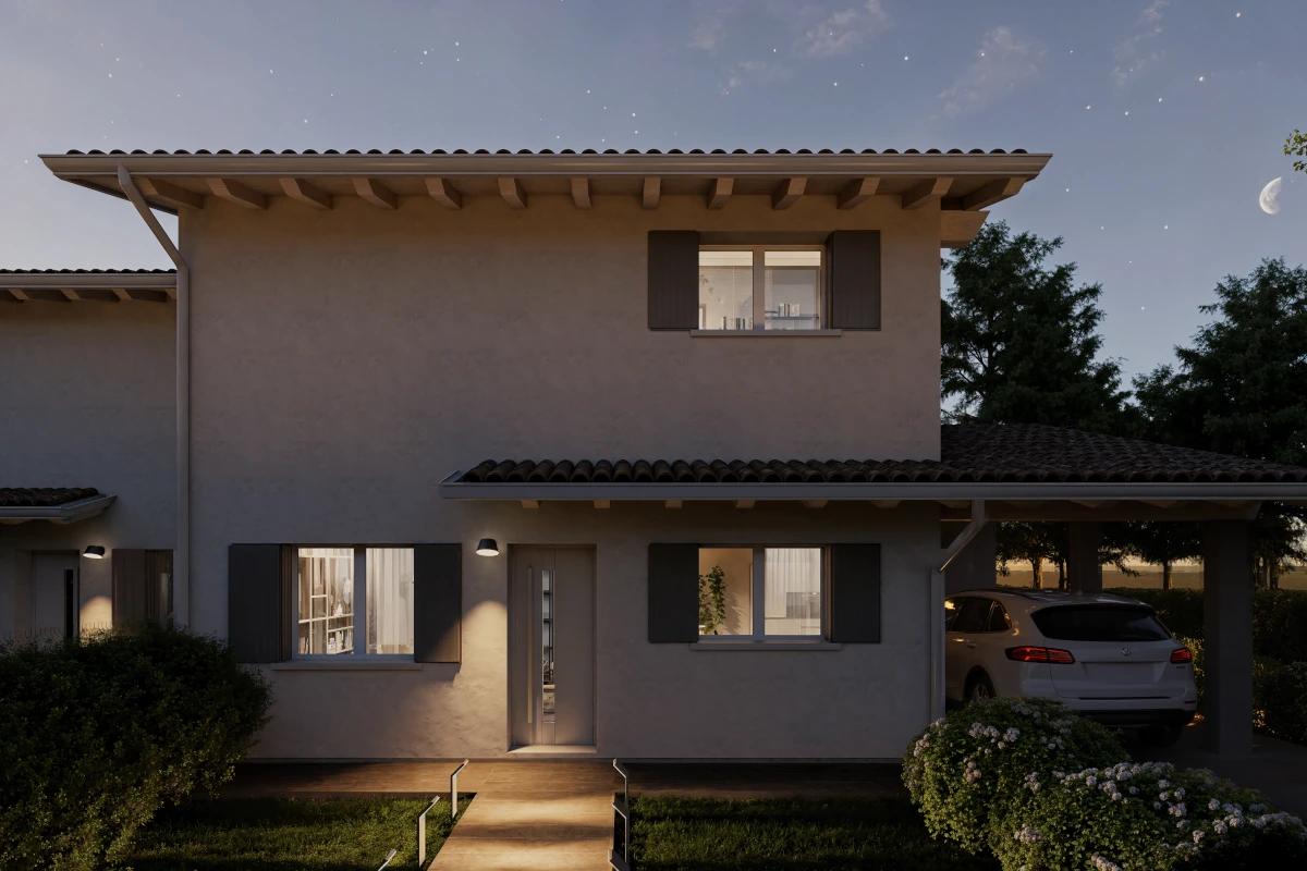 Vista frontale di una villa moderna in notturna - Residenza Molinèa a Udine