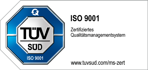 TÜV SÜD ISO 9001 Zertifizierungszeichen mit dem Text 'ISO 9001 Zertifiziertes Qualitätsmanagementsystem' und der URL www.tuvsud.com/ms-zert.