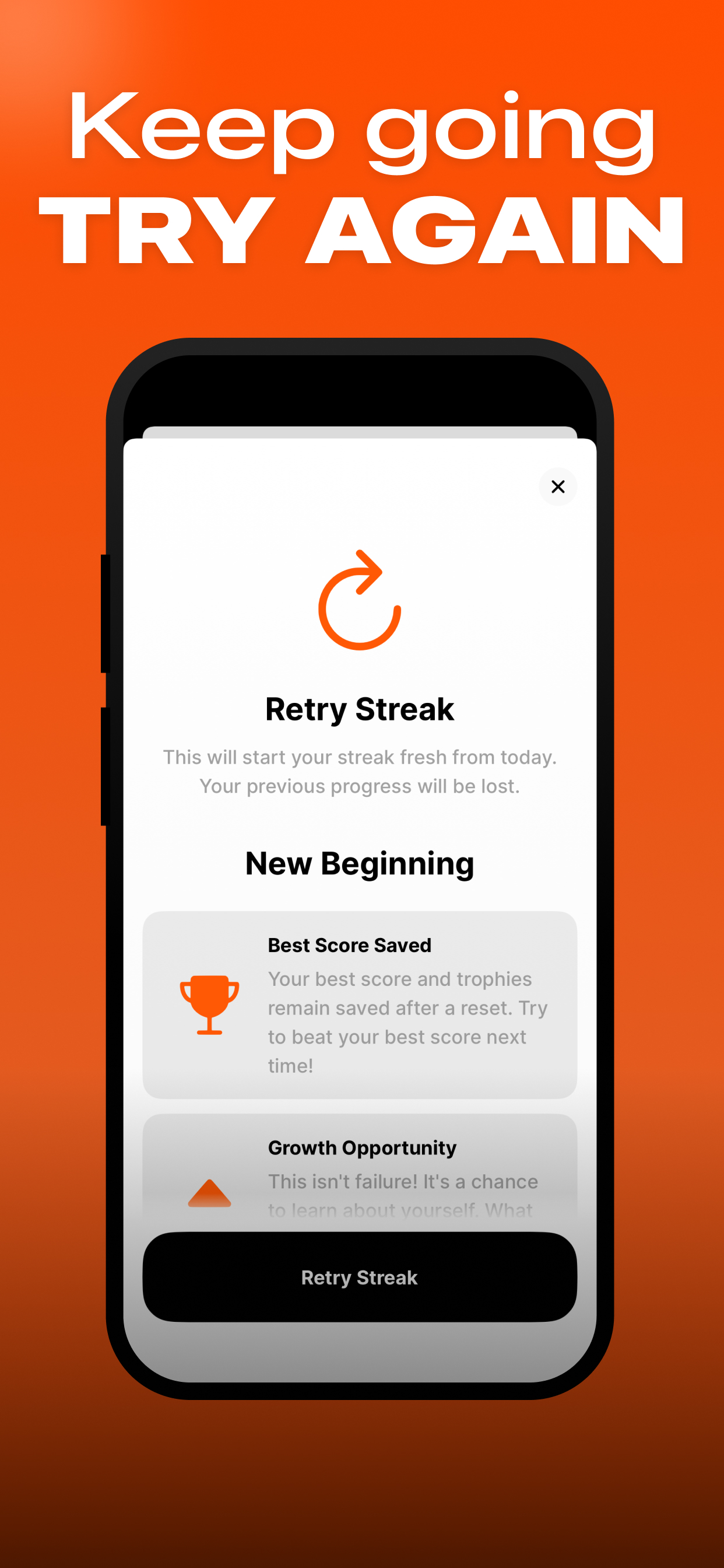 Screenshot from the StreakUp App, Showing the streak retry feature