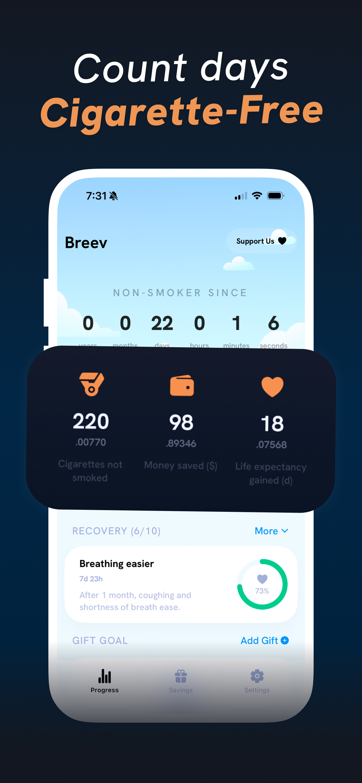 Screenshot from the Breev App, showing cigarettes avoided and money saved