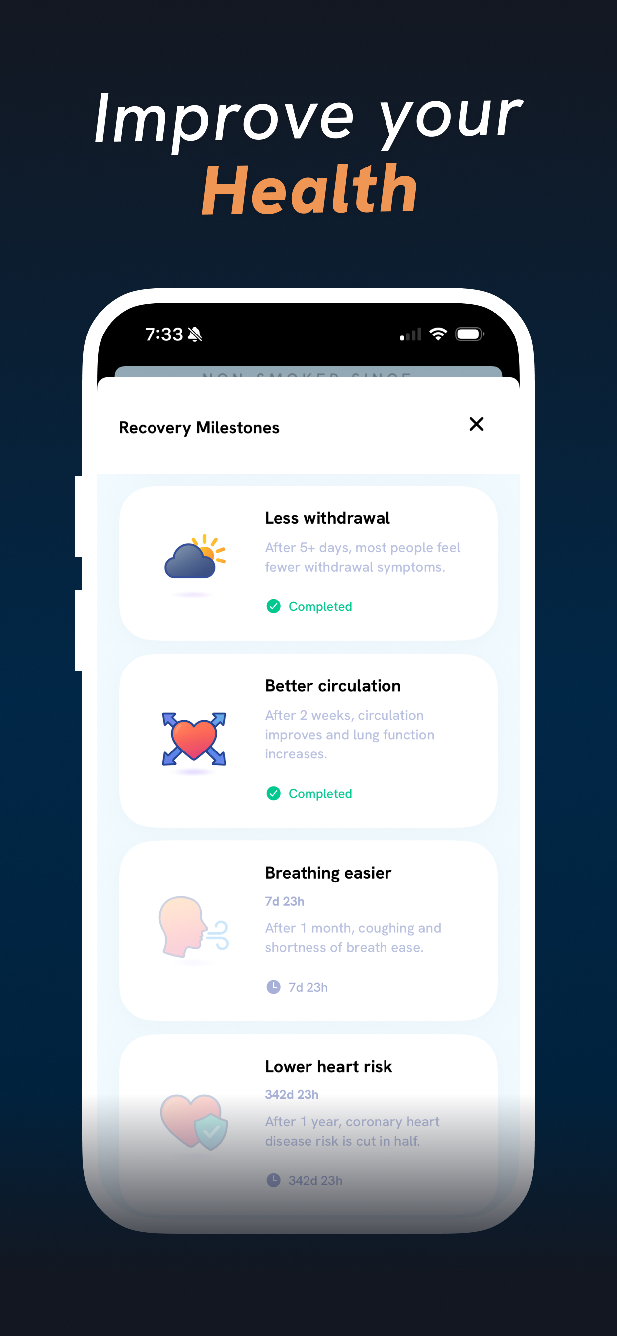 Screenshot from the Breev App, showing health recovery milesones