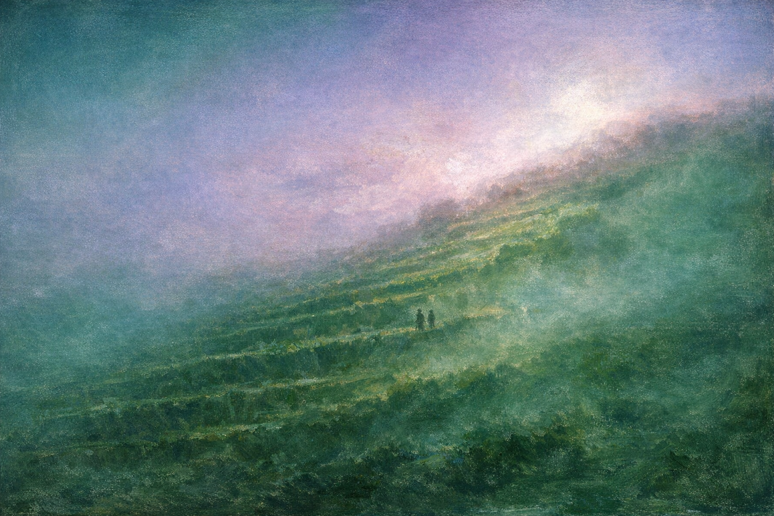 terraced vineyard hillside at dusk with diagonal rows dissolving into rose-and-violet sky