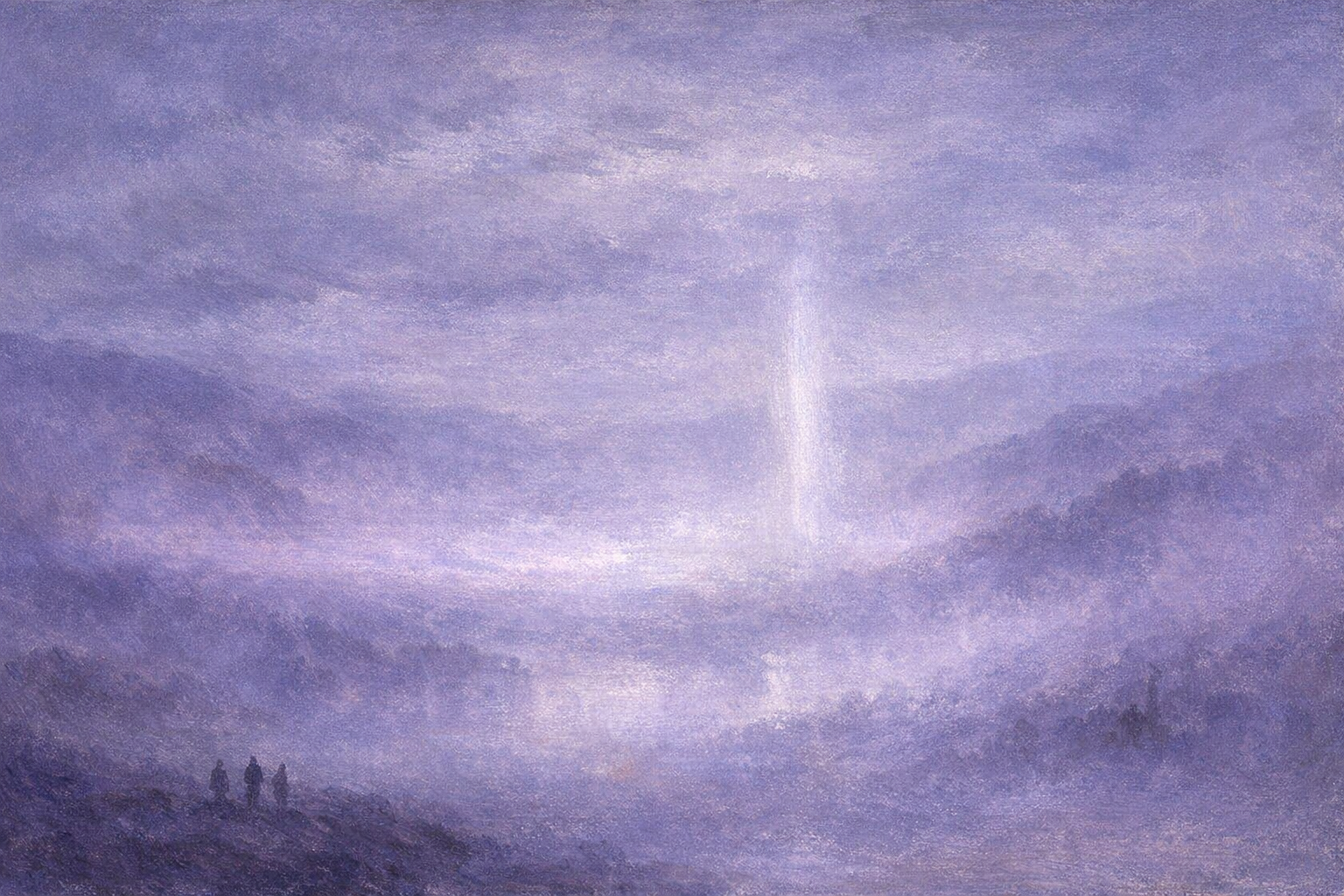 parting fog bank over layered valley planes at violet dusk