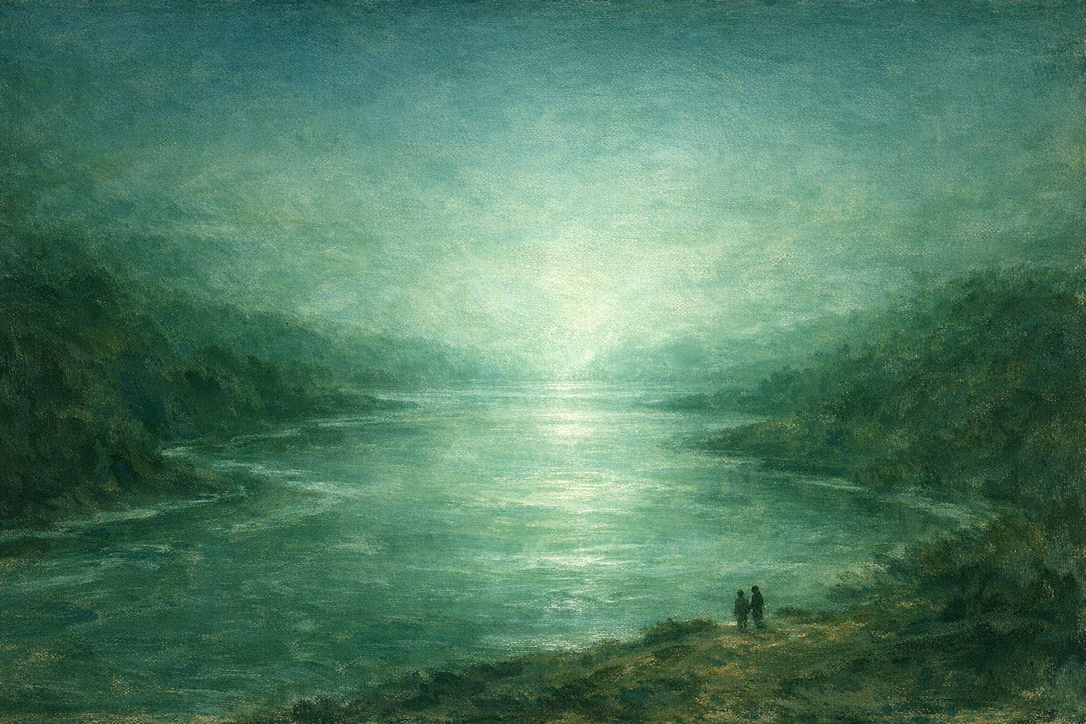 river confluence drawing scattered tributaries into one broad green channel