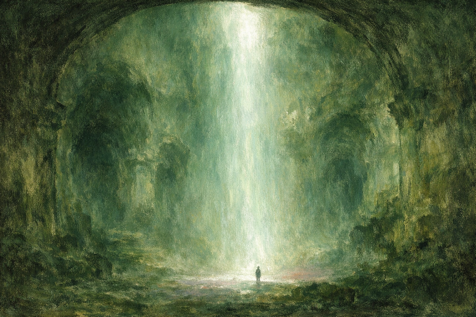 vaulted cavern interior with light shaft revealing ordered stone passages