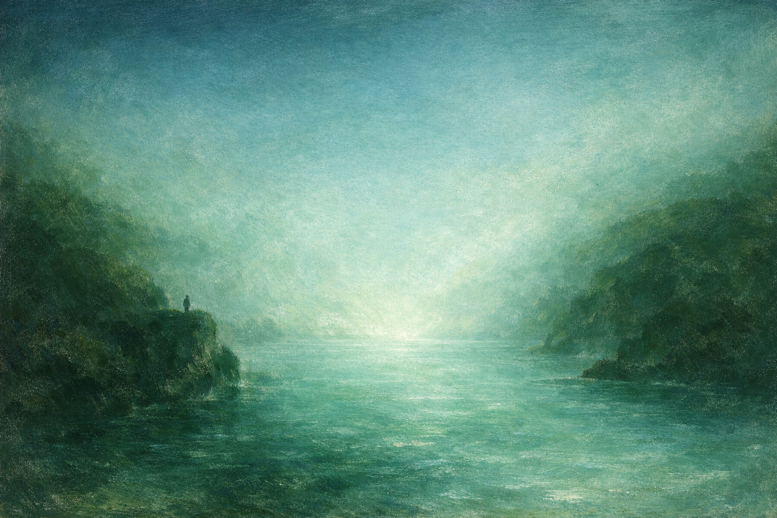 A rocky headland frames a narrow sea passage opening into broad, still green-blue water beneath a clear deep blue sky.