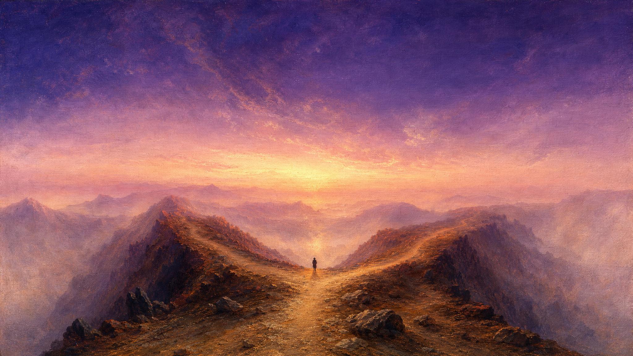 A lone figure pauses at a mountain trail fork beneath a violet sky fading to pale rose-gold at the horizon.