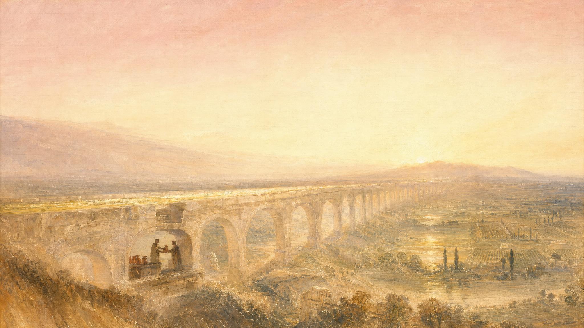 A pale rose dawn illuminates a Roman aqueduct spanning a valley, two small figures exchanging clay vessels at a stone waystation below.