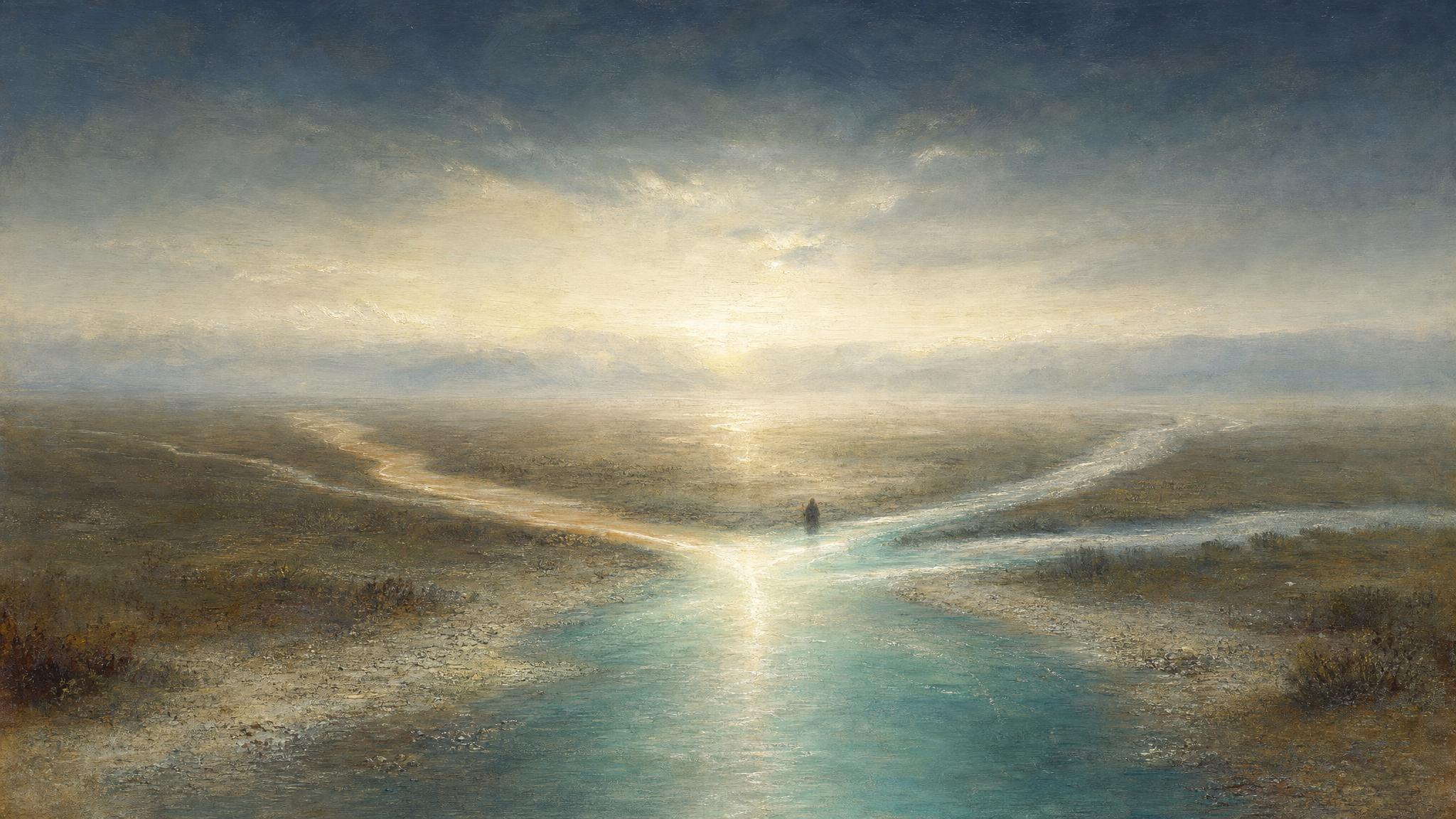 Three misty streams converge into one wide river on an open plain, glowing aquamarine at their meeting point under a silver-teal dawn sky.
