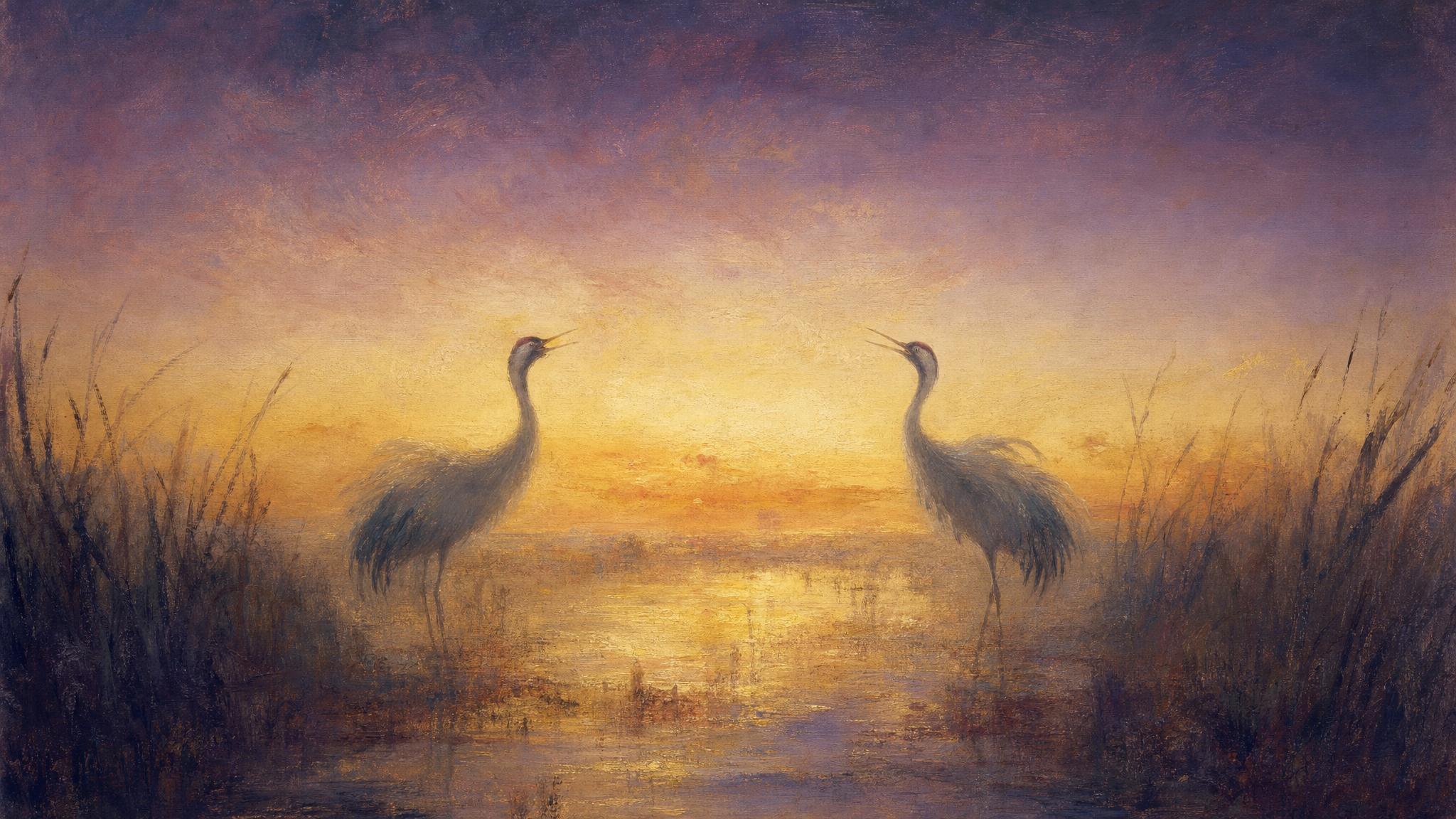 Two cranes call simultaneously across a still marsh at violet dusk, warm amber light glowing at the horizon beneath an indigo sky.