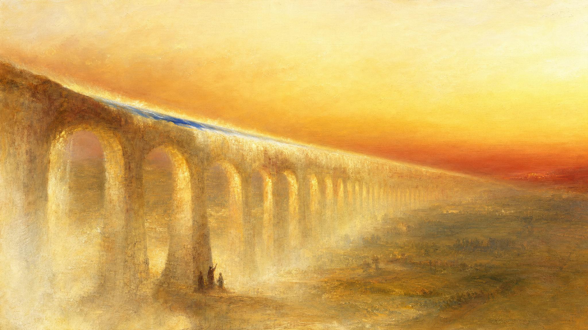 A Roman aqueduct glows in amber dawn light, water surging through ancient arches, tiny figures dwarfed below.