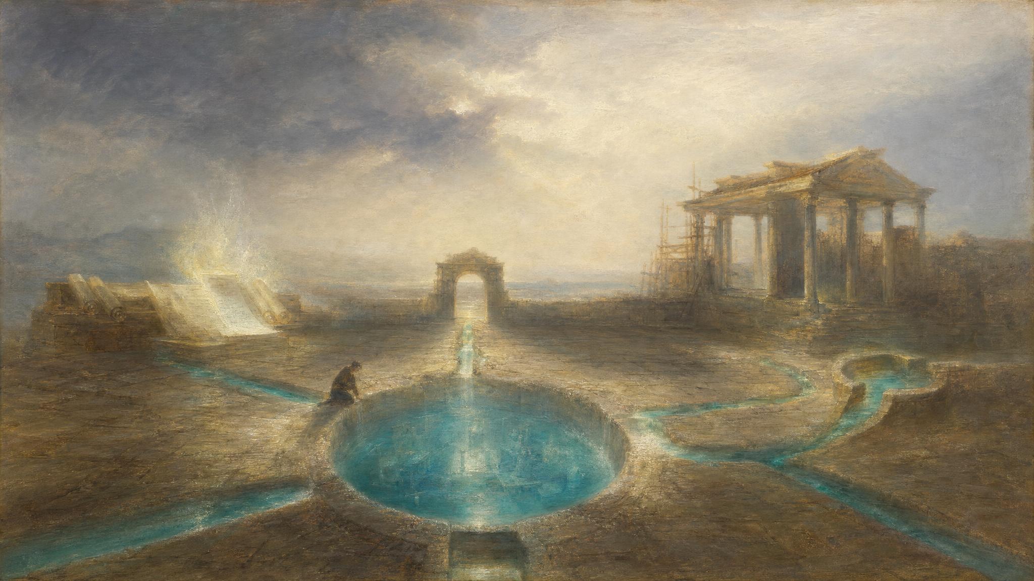 A glowing memory-well in an ancient courtyard sends silver-blue water through freshly cut stone channels under a pearl-grey sky.