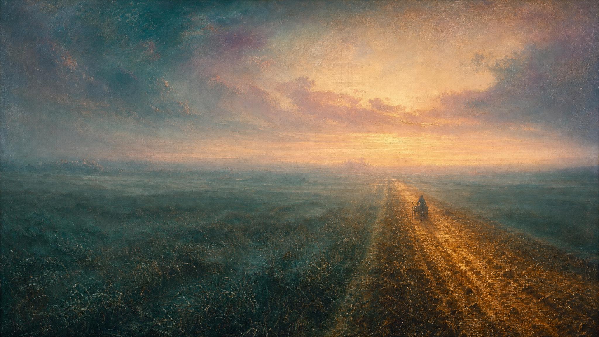 A misty teal plain lies mostly wild, while one narrow tilled furrow glows amber-gold under a rose and violet sky.