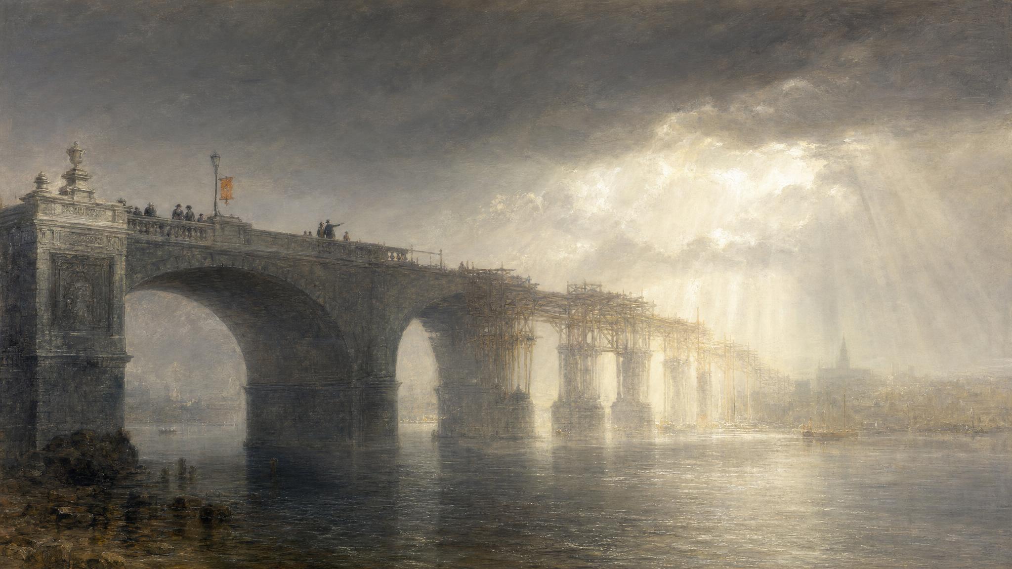 A grand stone bridge ends abruptly in unfinished scaffolding over misty water, lit by pale silver light breaking through slate-grey cloud.