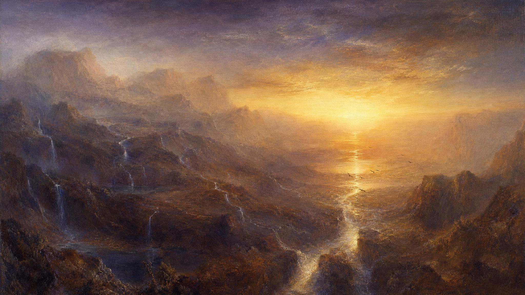 Scattered mountain streams merge into one bright amber channel flowing toward a glowing valley under a violet-gold dusk sky.