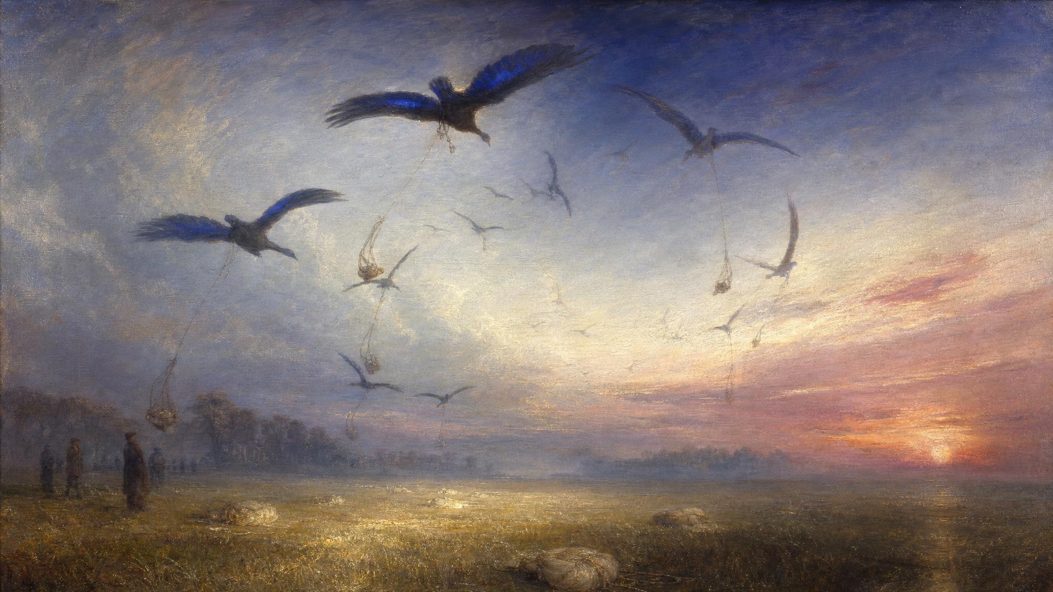 Pack birds circle freely above a misty field in silver-blue and violet light, their burdens loosened below them.