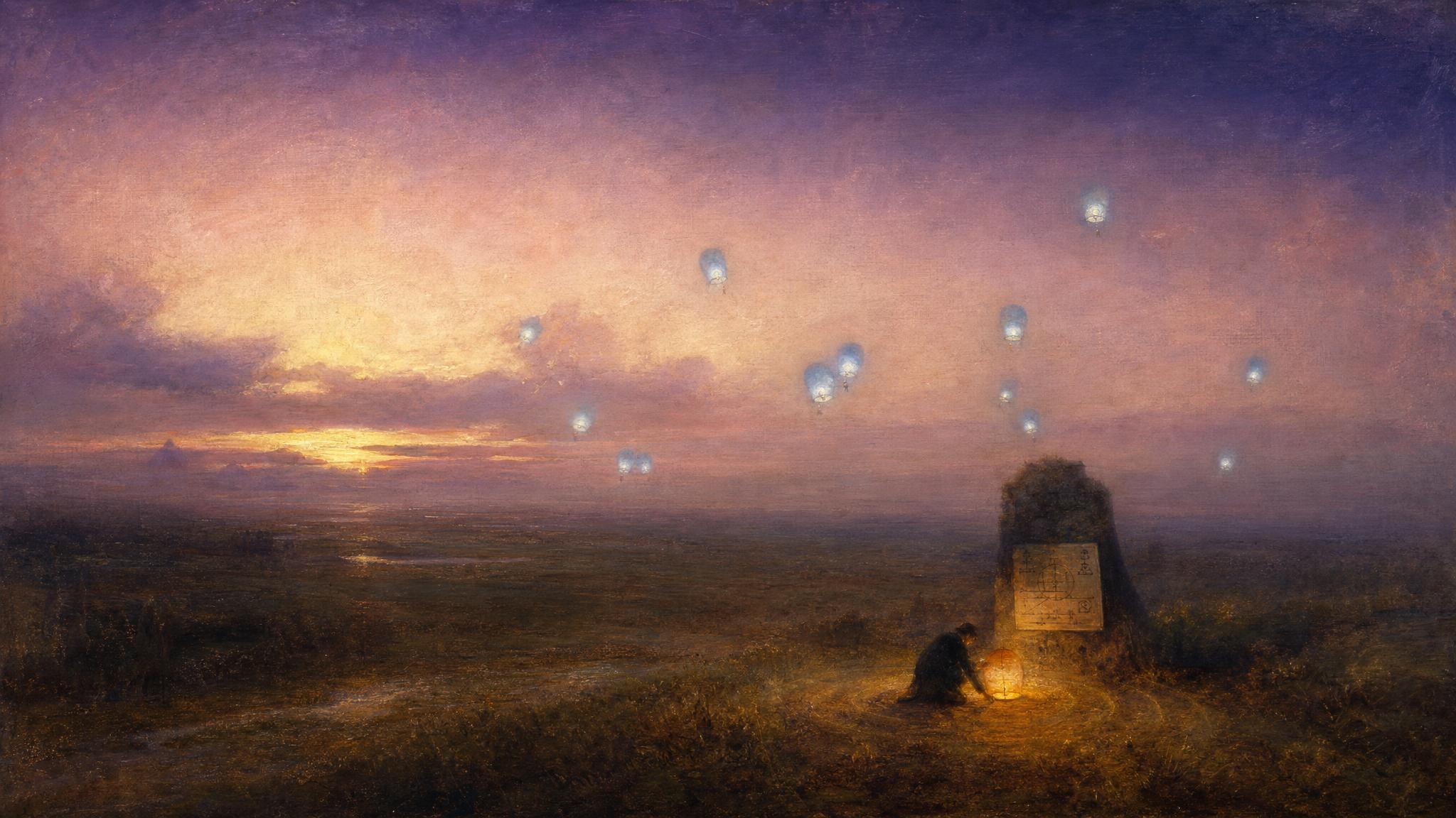 Scattered dim lanterns drift over a violet dusk plain while one steady amber lantern glows beside a marked stone chart.