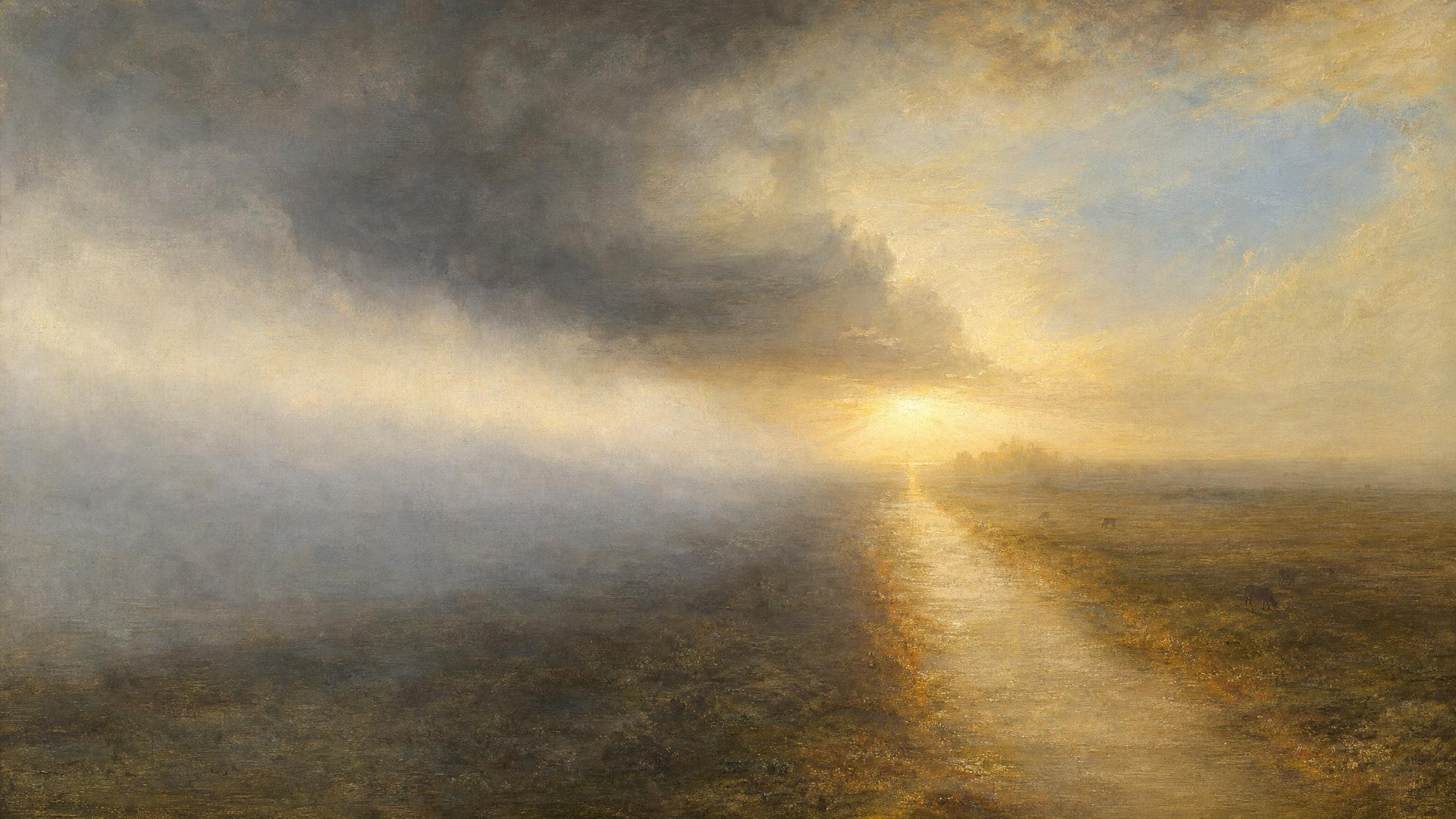 a low bank of fog hovering motionless over a plain while a clear path of solid ground runs straight through it toward open light