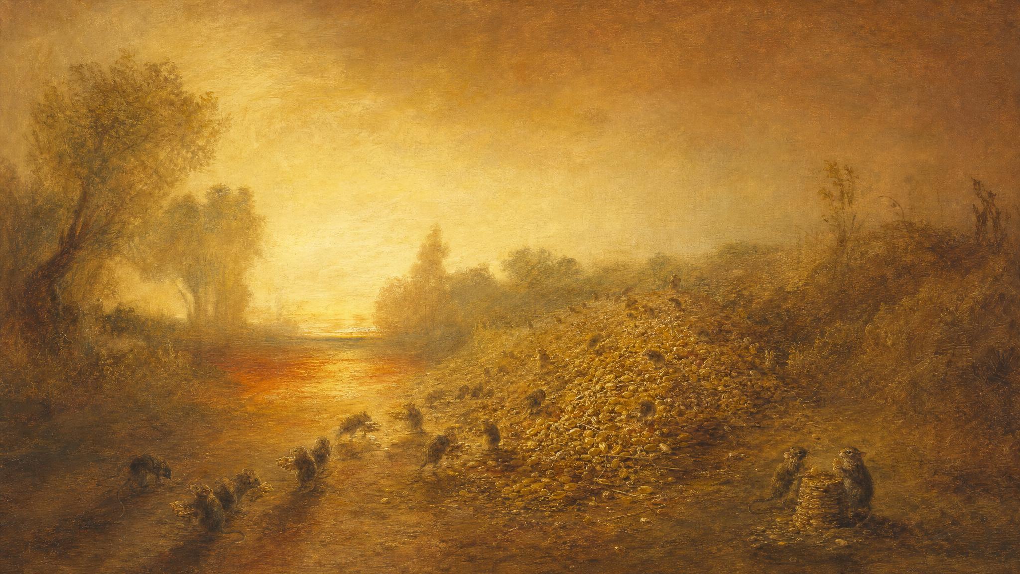 Small creatures clear a scattered grain heap from a path in glowing amber light, the way opening steadily behind them.