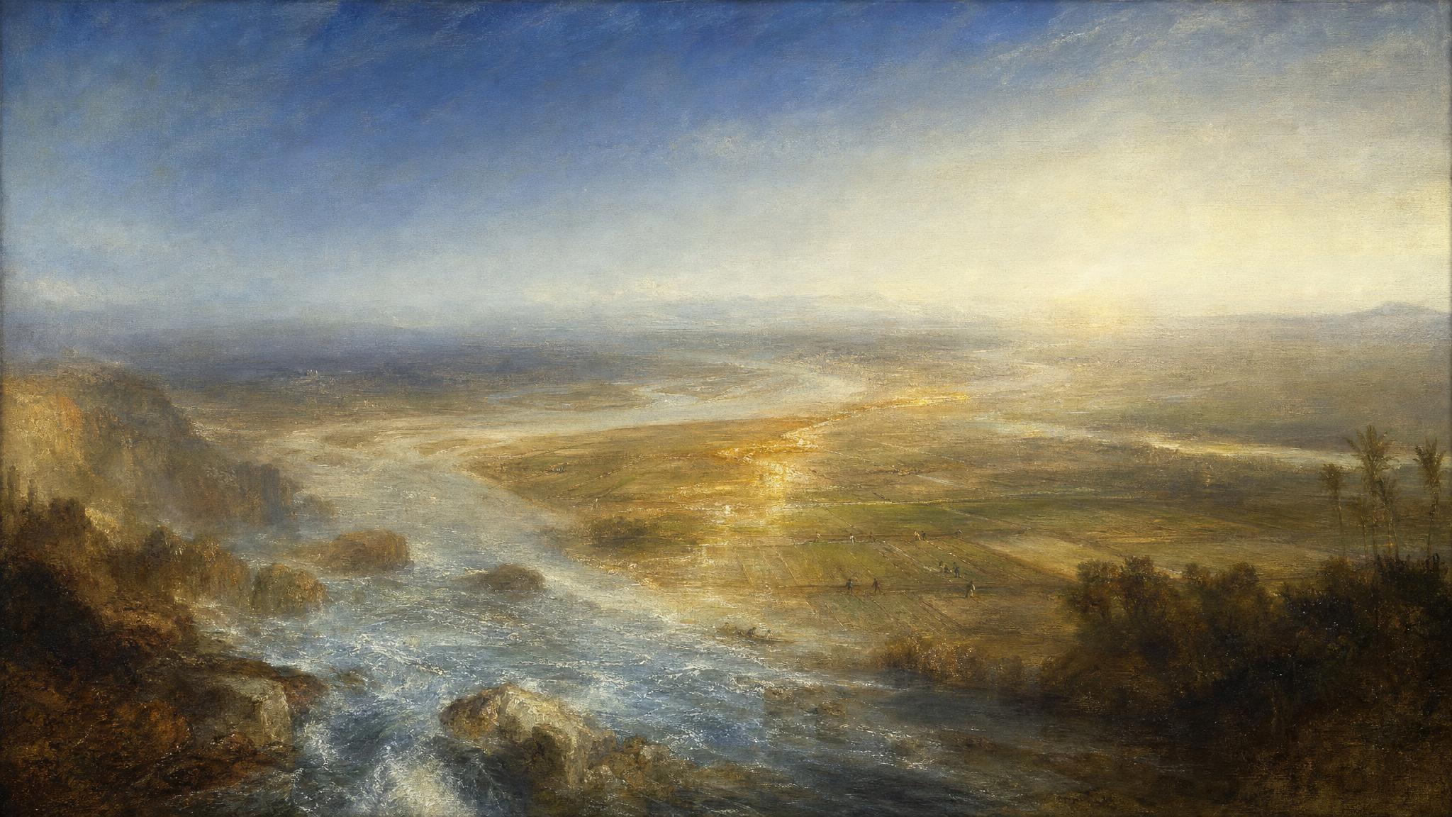 Two rivers, one clear and one silted, both flow into the same sunlit fields under a silver-blue sky fading to pale horizon.