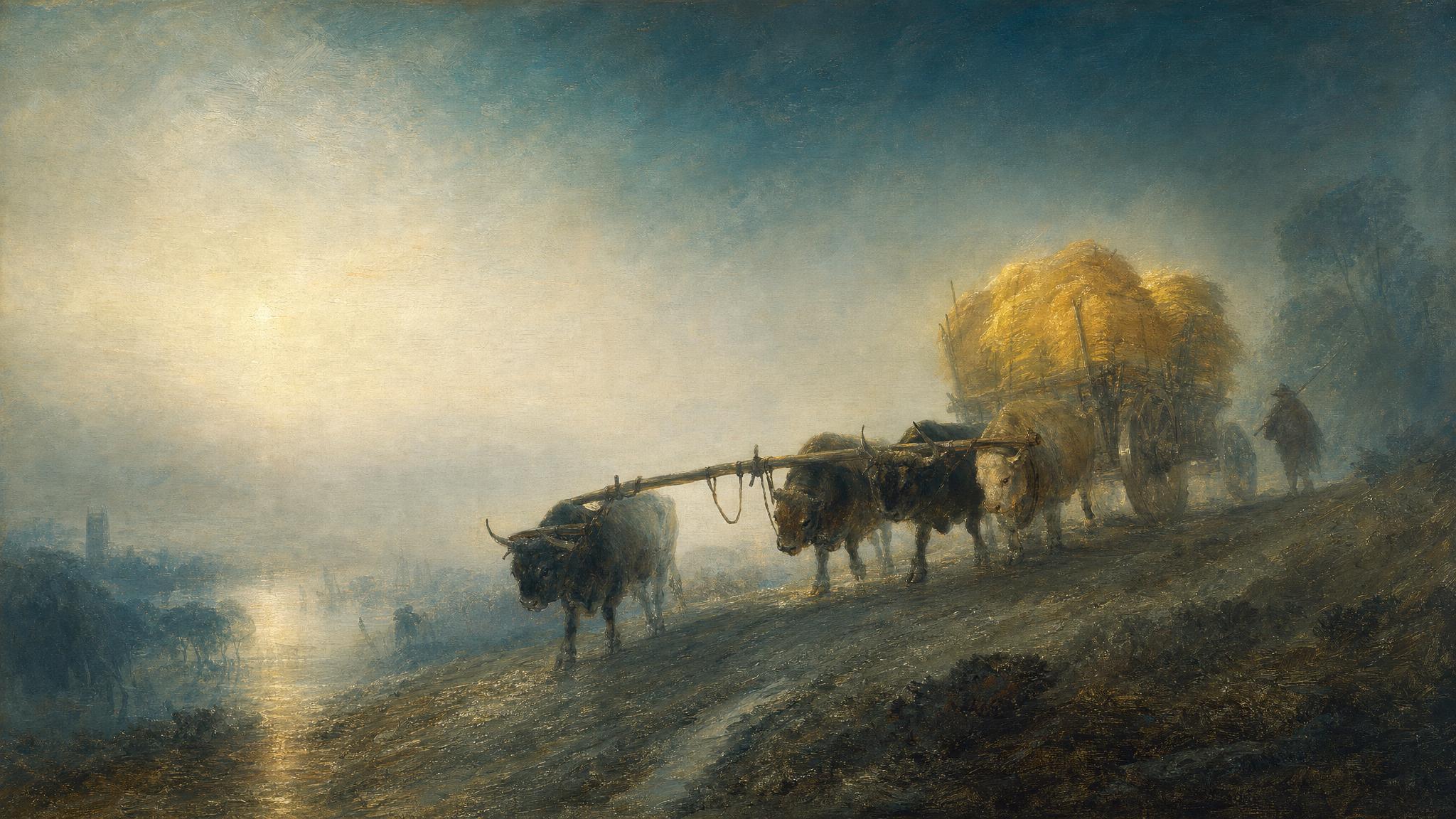 Oxen strain together pulling a laden cart uphill through teal mist, one empty yoke space closing as ochre light glows on the load.
