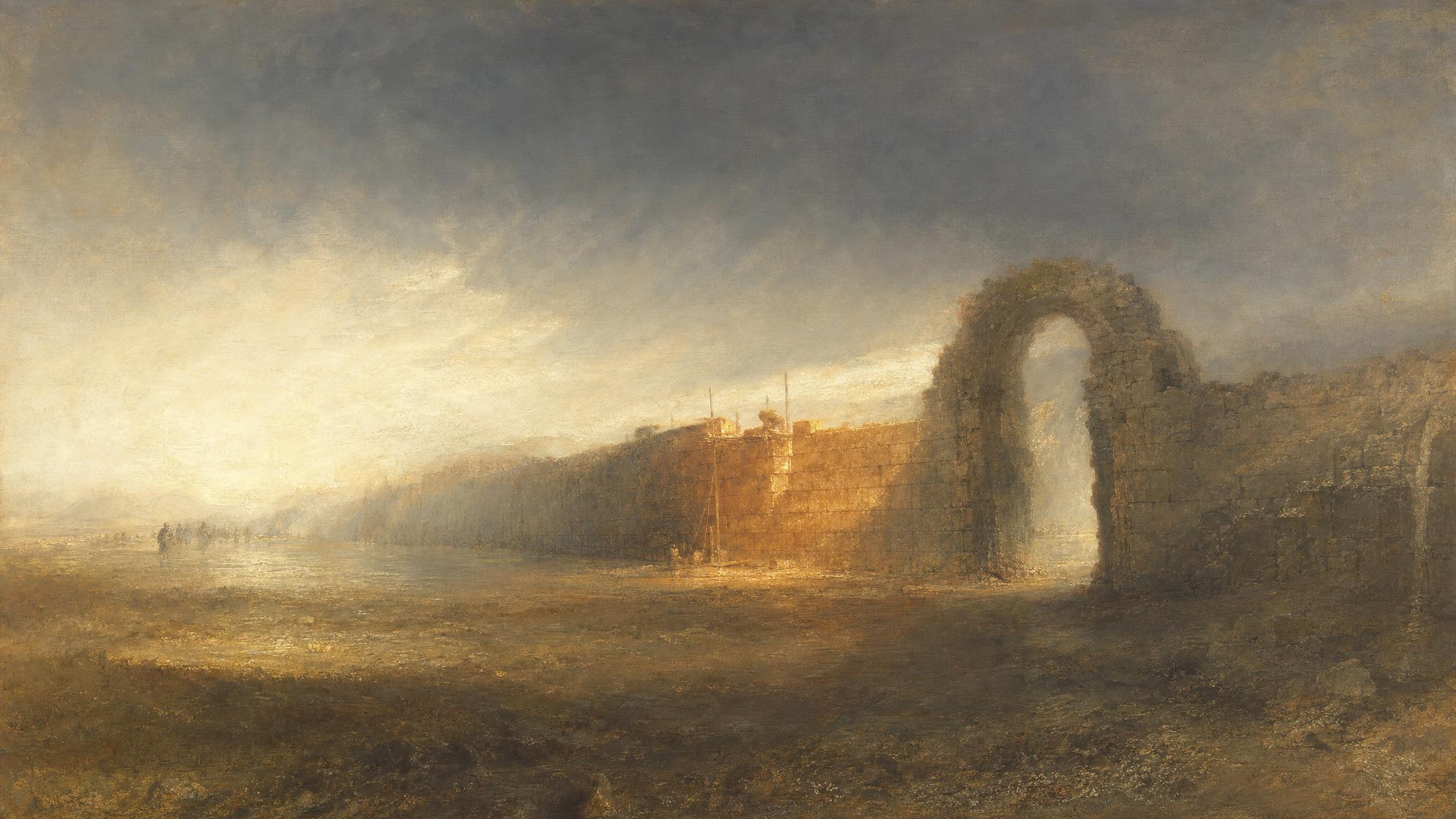 An ancient wall shows an open, crumbling gate beside newly raised stone glowing copper-gold under a slate-grey sky.