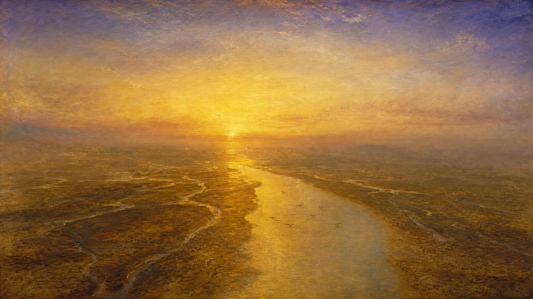 Scattered golden rivulets across a dry plain merge into one clear stream beneath a glowing amber and violet sky.