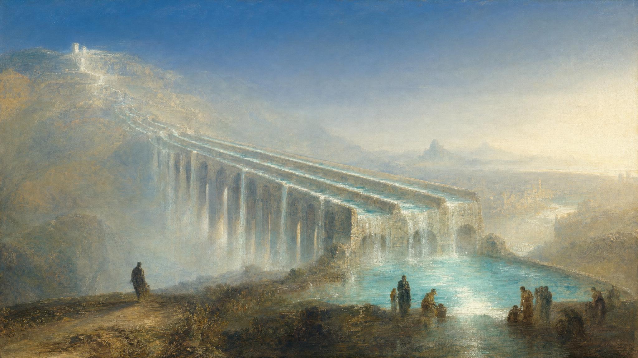Stone aqueduct channels merge into a glowing turquoise basin under a silver-blue sky as small figures draw water freely.