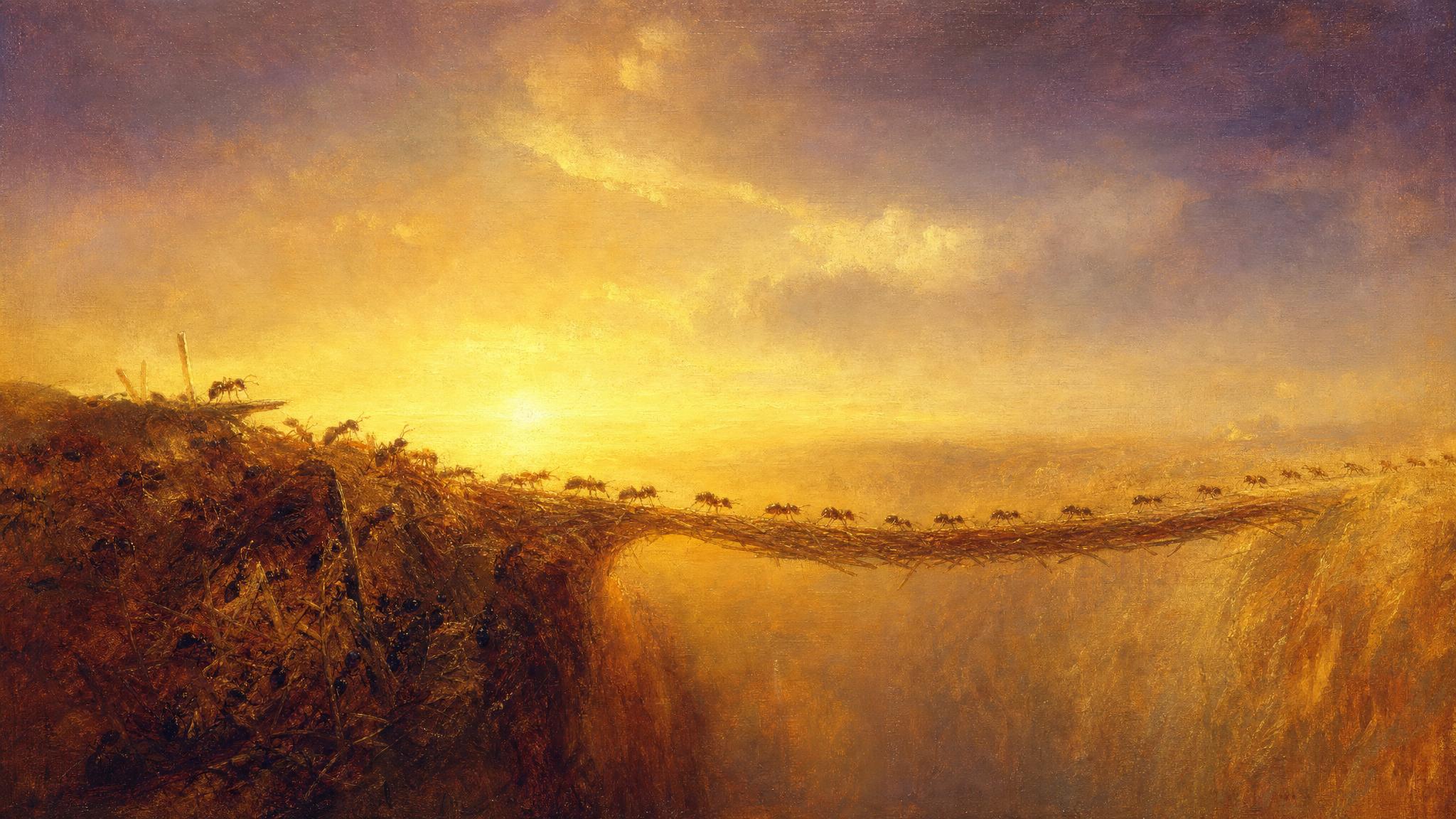 Ants build a woven bridge across a golden ravine at dusk, some crossing steadily as amber light glows through the haze.