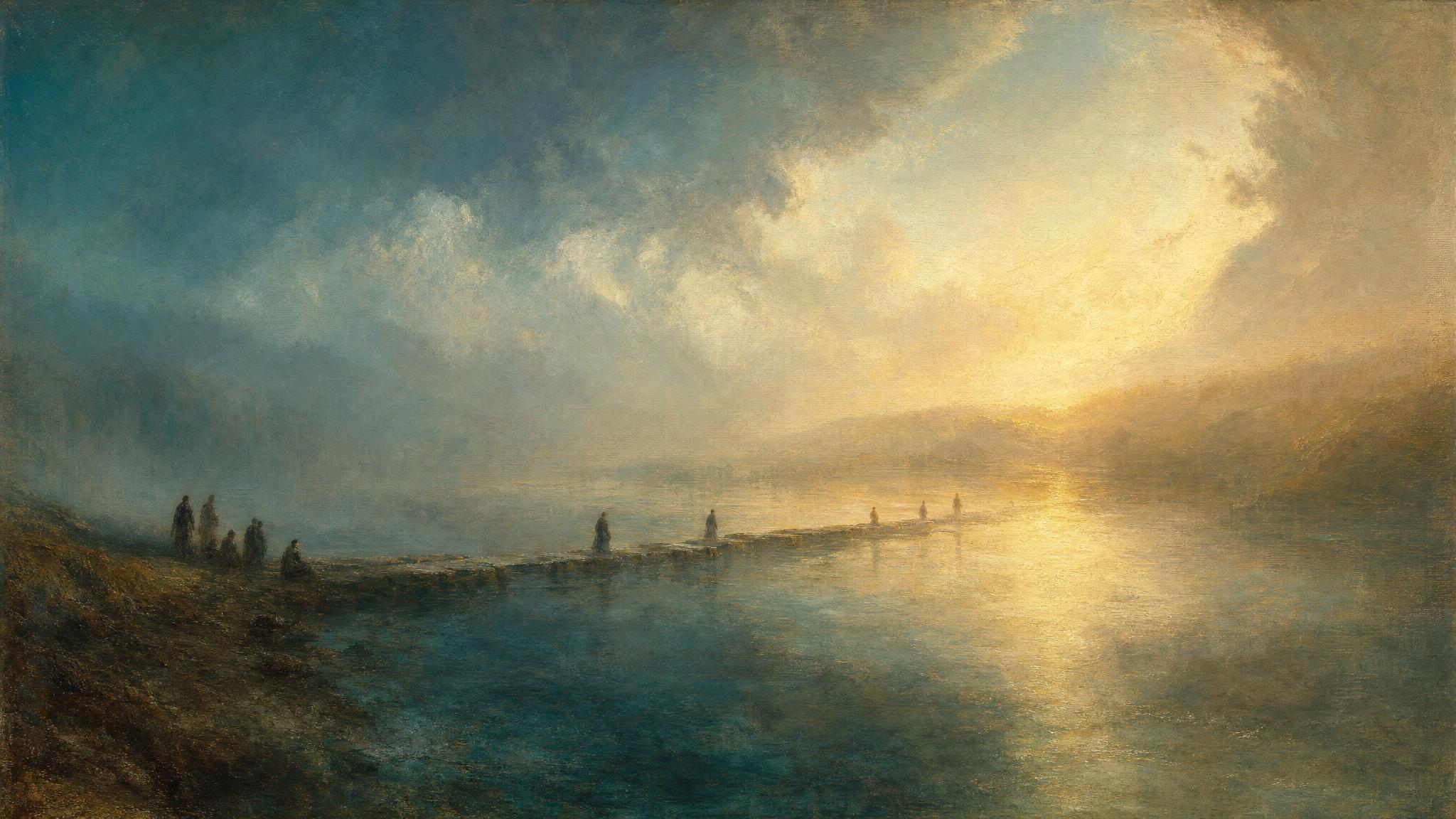 Small silhouetted figures cross a stone ford over a misty teal river as golden light breaks through fog on the far bank.
