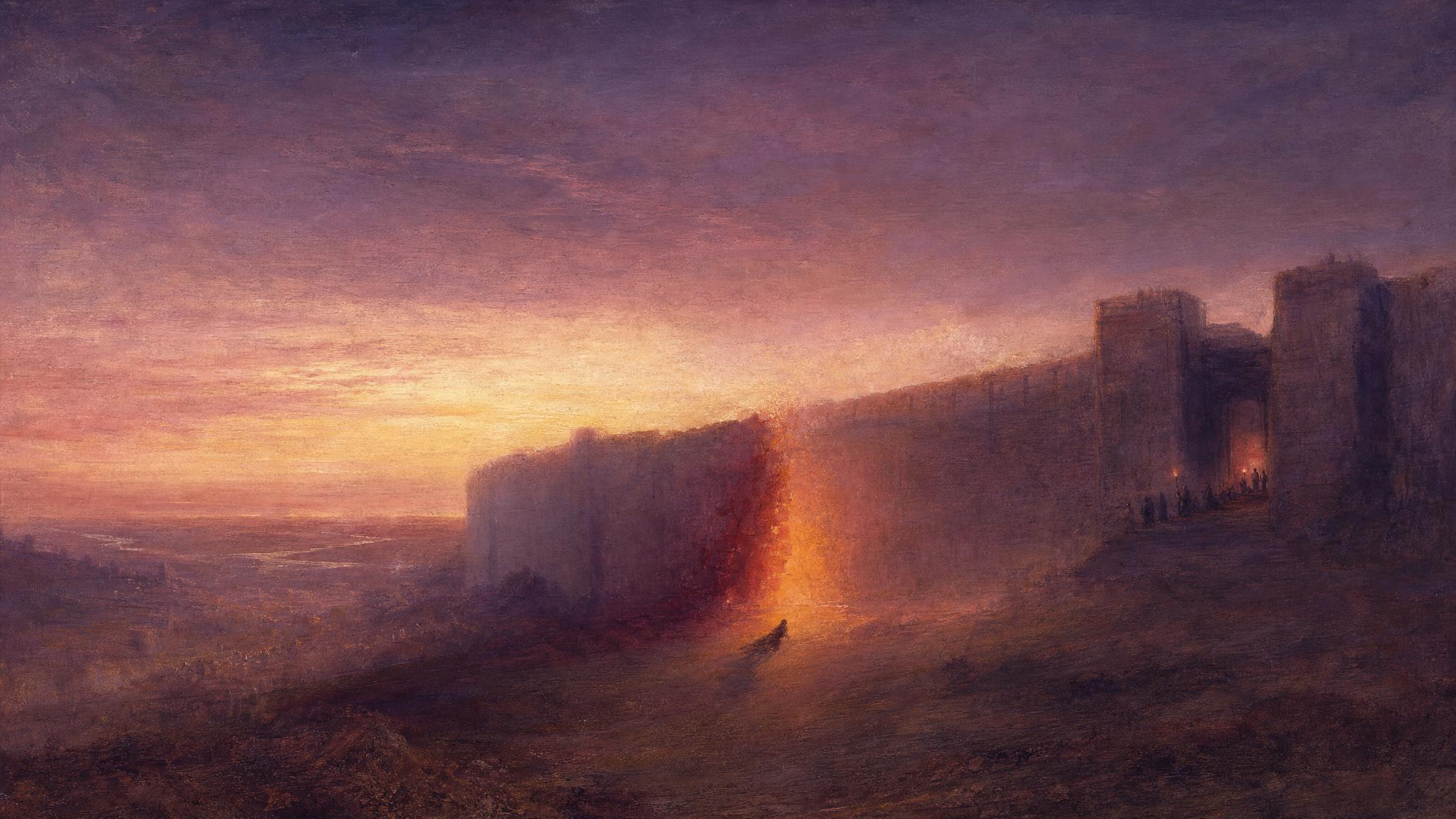A shadow slips through a crumbling breach in an ancient wall at violet dusk, small watchmen unaware in the amber-lit distance.