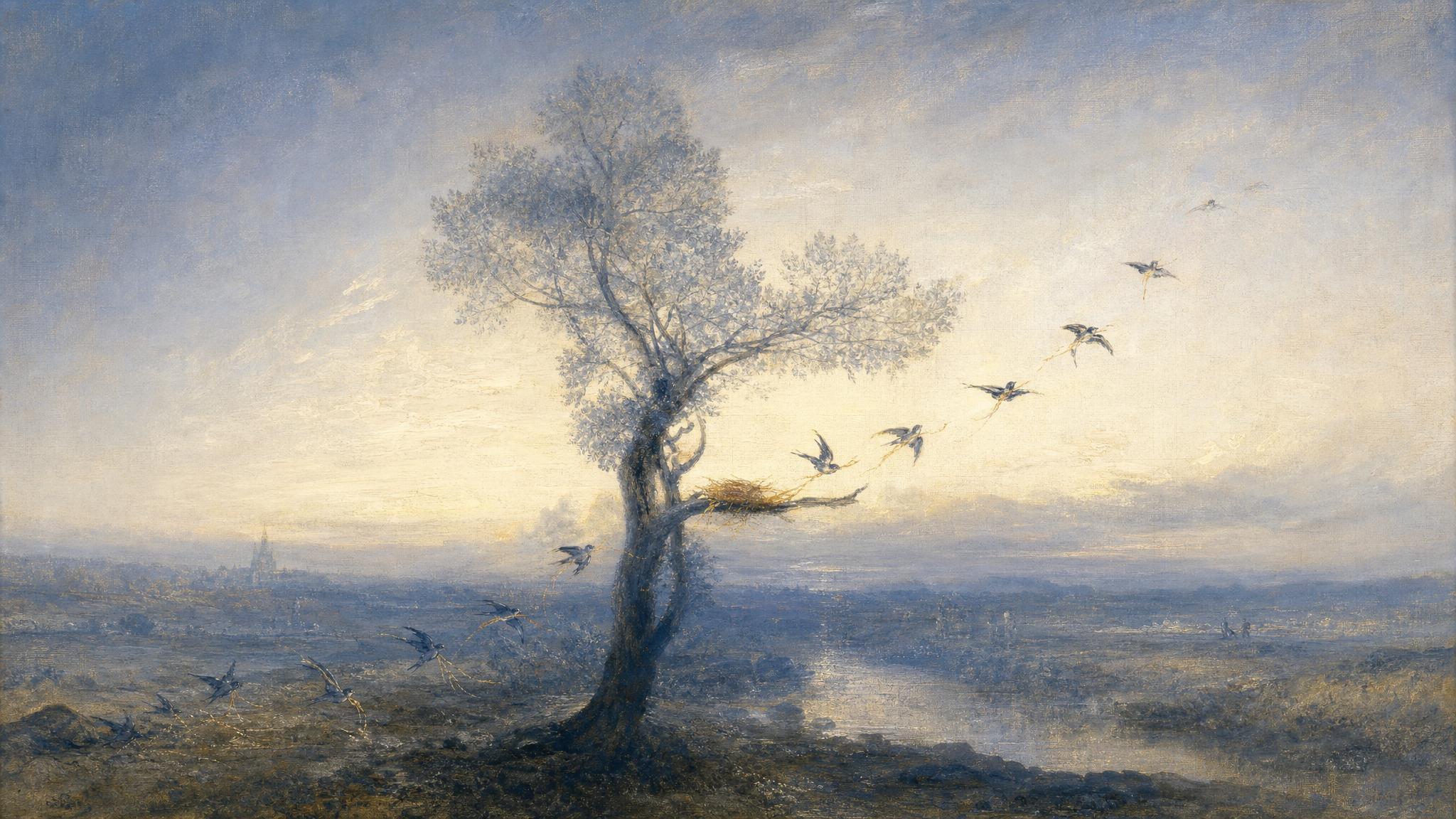 Small birds relay twigs to a half-built nest in silvery blue light, one golden strand glowing in each beak.