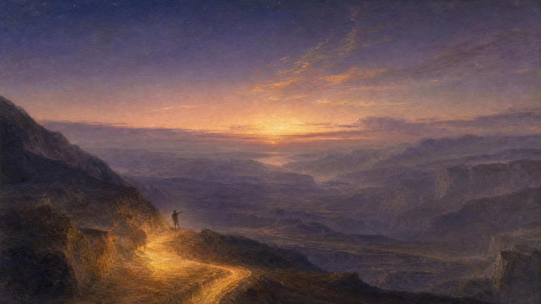 A lone figure stands where an amber-lit path meets a vast shadowed valley beneath a violet and rose dusk sky.