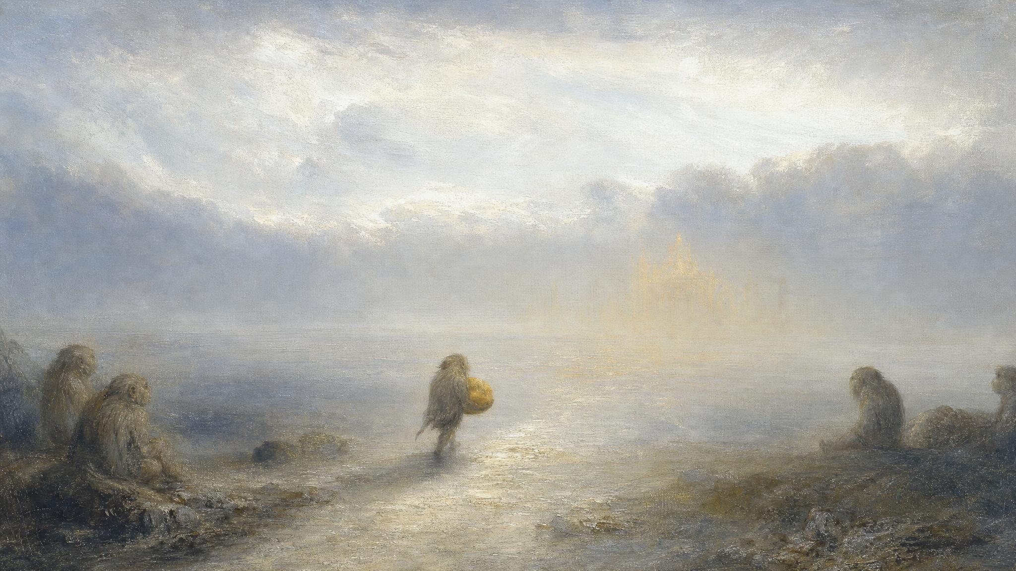 A small creature carries one stone across misty silver-grey ground toward a faint unbuilt structure glowing warmly in the distance.