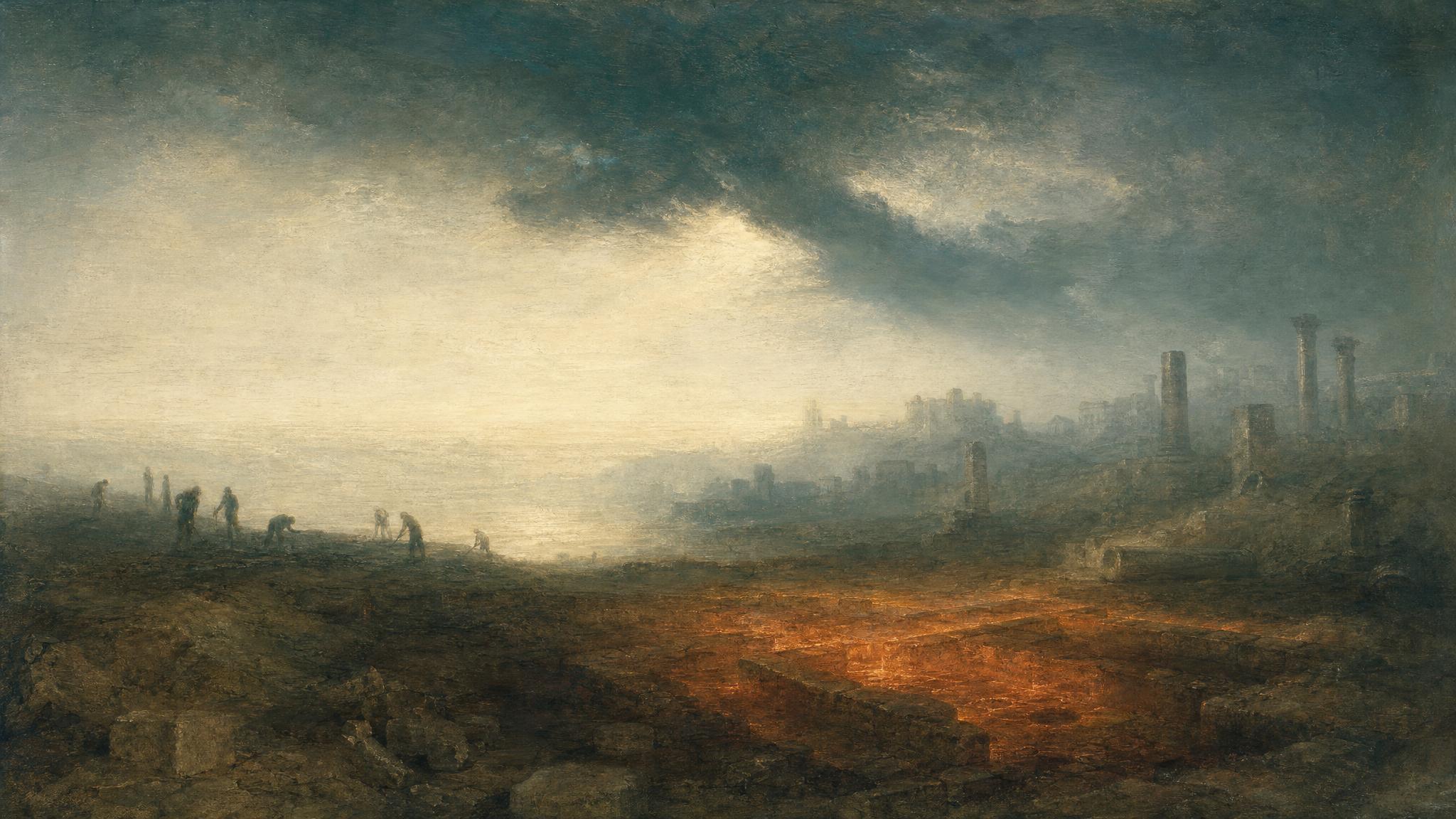 Silhouetted figures dig aimlessly in mist while nearby foundation stones glow faintly copper beneath teal, misted light.